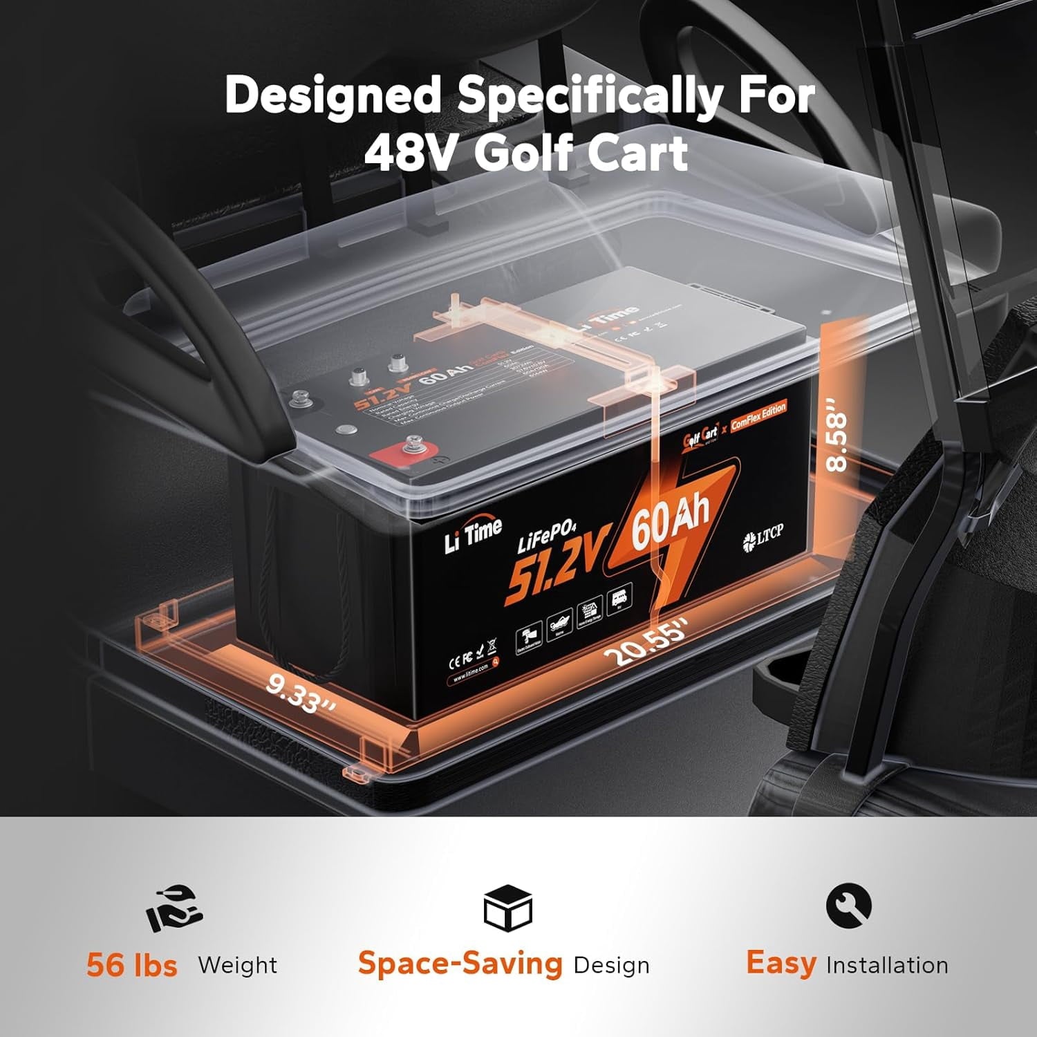 LiTime 48V 60Ah Lithium Golf Cart Battery, LiFePO4 Battery, Built-in Smart 120A BMS, Max 61.44kW Power Output, Perfect for Golf Carts like Club Car, EZGO, Yamaha