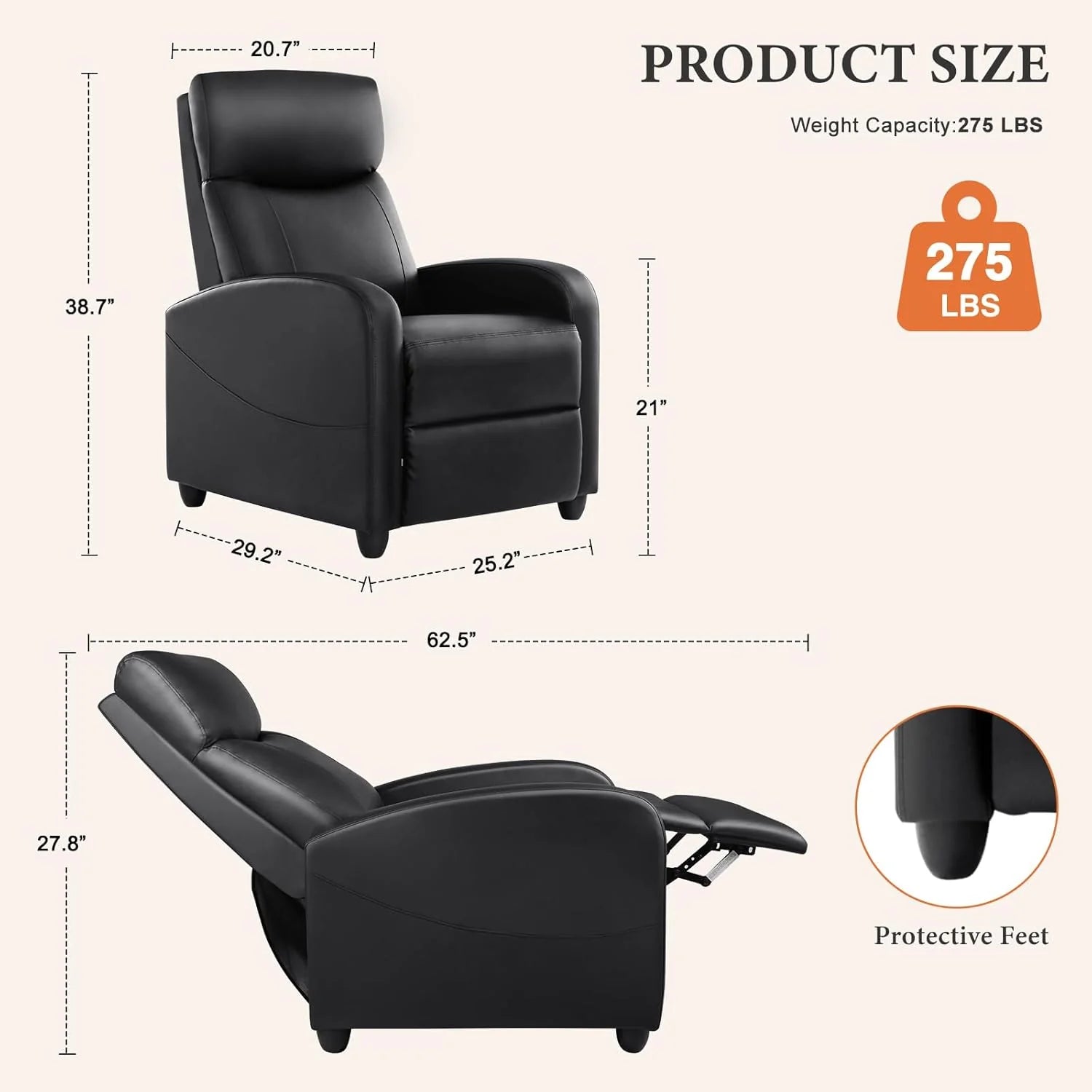 Sweetcrispy Massage Recliner Chair for Adults, Adjustable Home Theater Seating with Lumbar Support for Living Room, Modern Fabric Reclining, Pure Black
