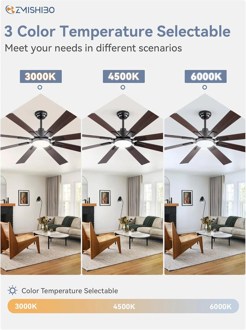 ZMISHIBO 72 inch Large Ceiling Fans with Lights and Remote, Indoor/Outdoor Black Modern Ceiling Fan for Kitchen Living Room Patio, 6 Speed Reversible Quiet DC Motor, 3 CCT, Dual Finish 8 Blades
