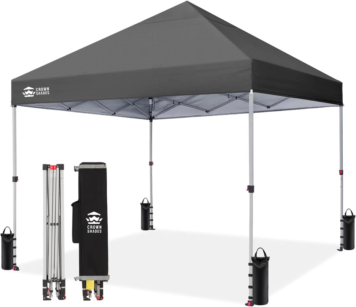 Crown Shades 10x10 Pop Up Canopy - Beach Tent with One Push Setup - Outdoor Sun Shade for Events, Parties, Camping - Gazebo with STO-N-Go Cover Bag, Silver Coated Top, 3 Height& 4 Sand Bags, Yellow