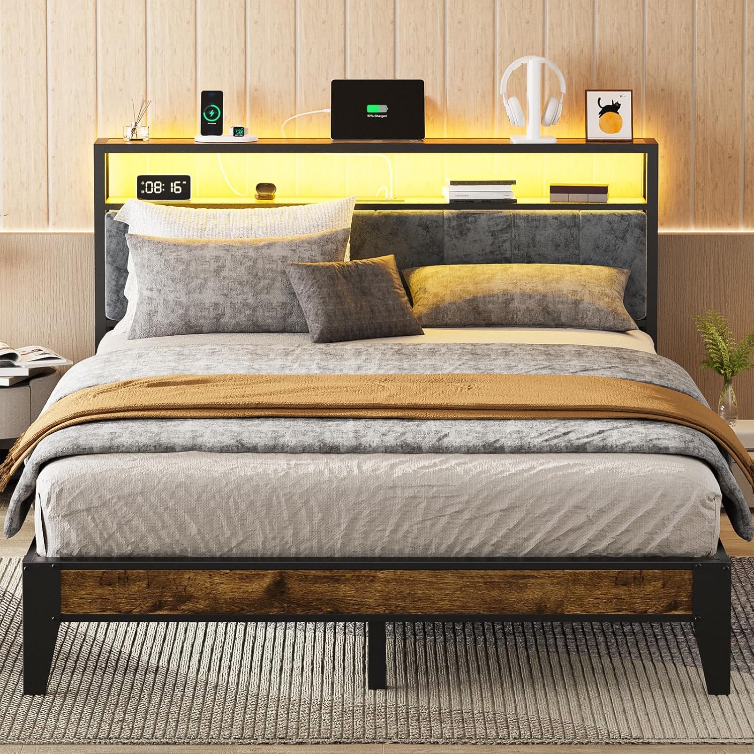 OLEVS Single Bed Frame LED Light Storage Headboard Charging Station Metal Platform Bed