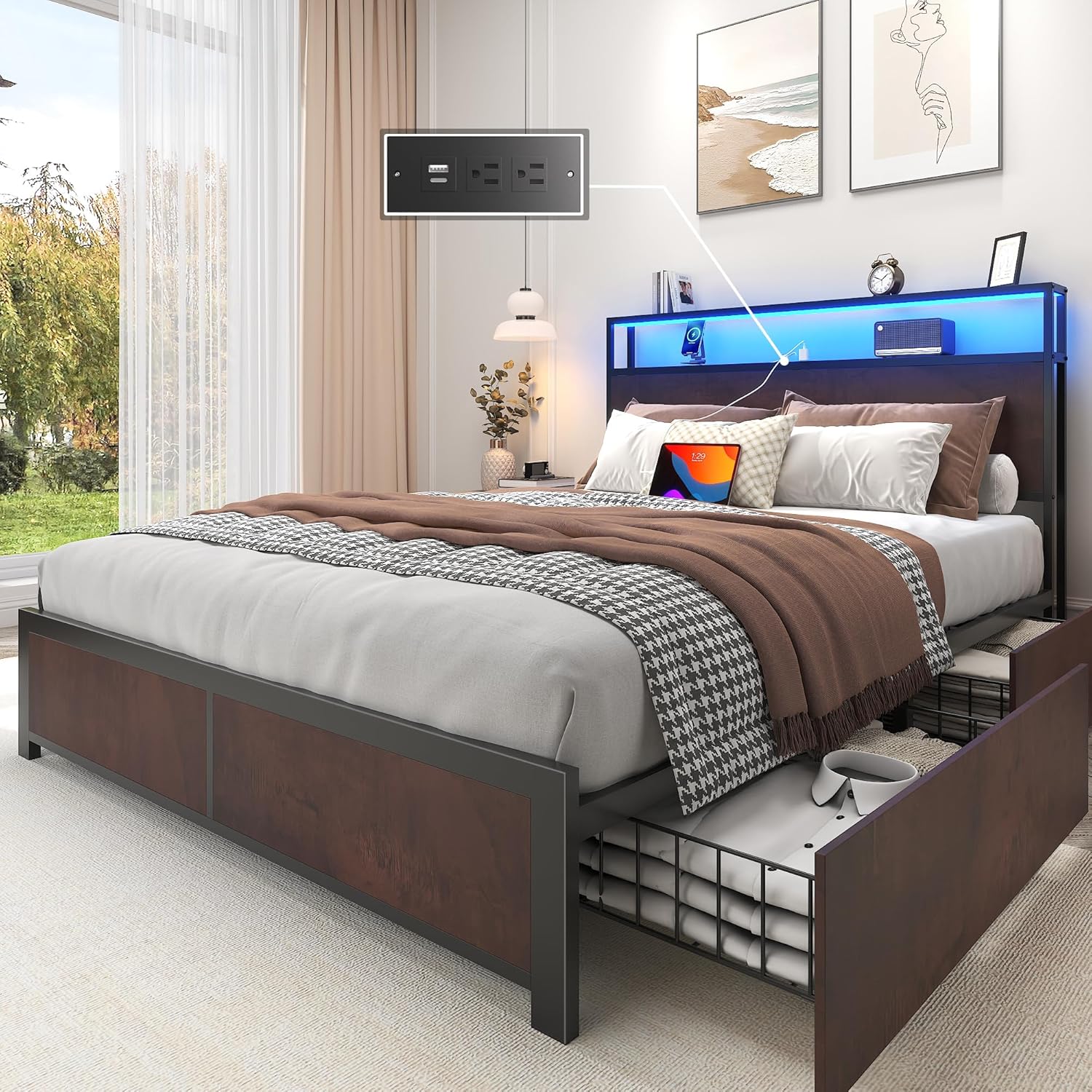 Lifezone Queen Bed Frame 2-Tier Storage Headboard Metal Platform Bed Frame 4 Storage Drawers