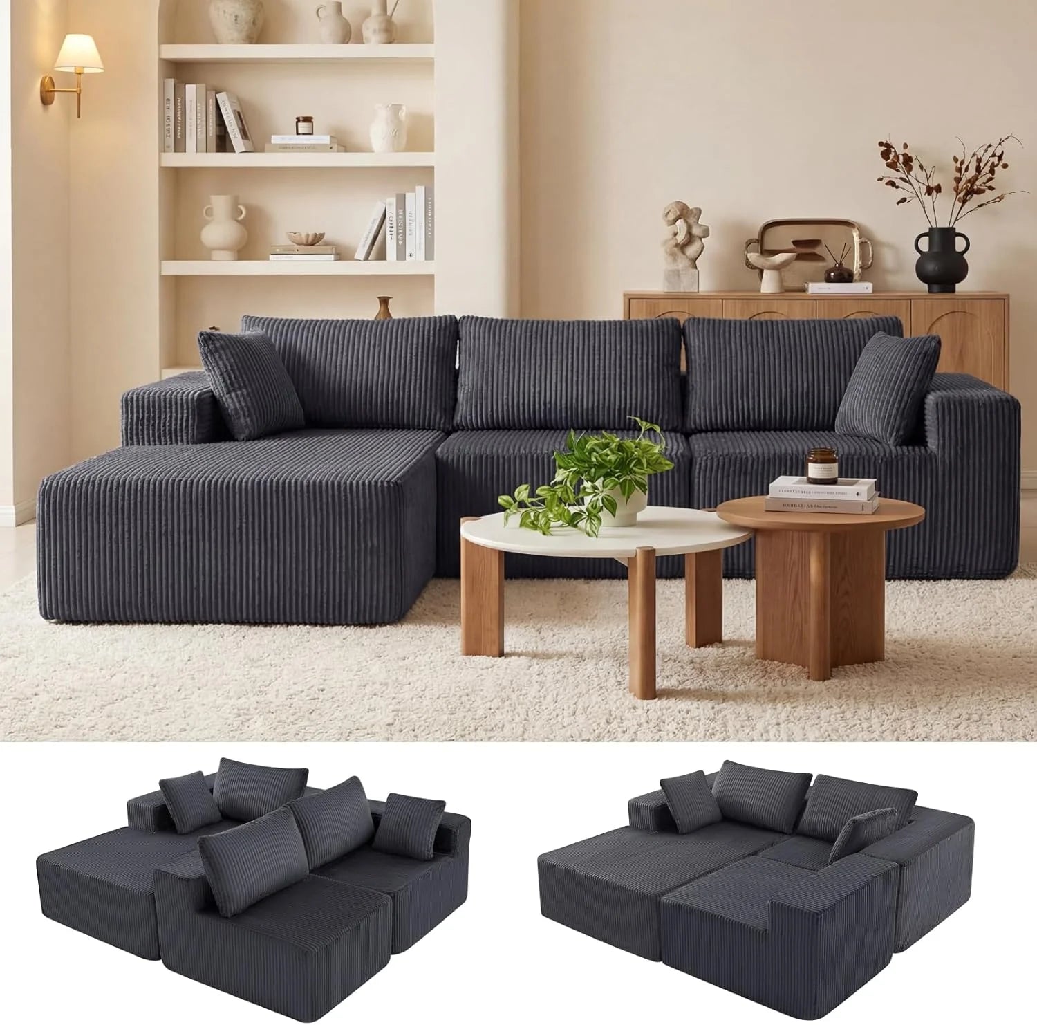 DUMOS 108 Boneless Couch, Cloud Sectional Couch with L-Shape Chaise, Modular Sectional Sofa with Deep Seat, Upholstered Couch for Living Room Bedroom, No Assembly Required (Grey, Left Facing Chaise)