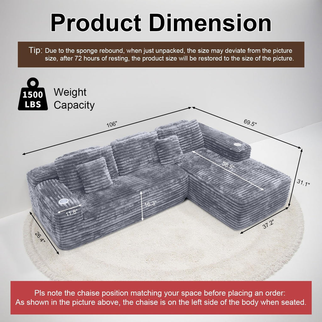 Cloud Sectional Couch with L-Shape Chaise, Modern Modular Sofa with Deep Seat, Built-in Cup Holder & Storage Pocket for Living Room Bedroom, No Assembly Required (Dark Gray, Left Sitting Chaise)