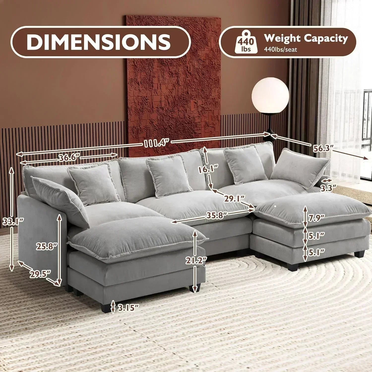ihanherry 146-inch U-shaped modern sofa modular area cloud sofa