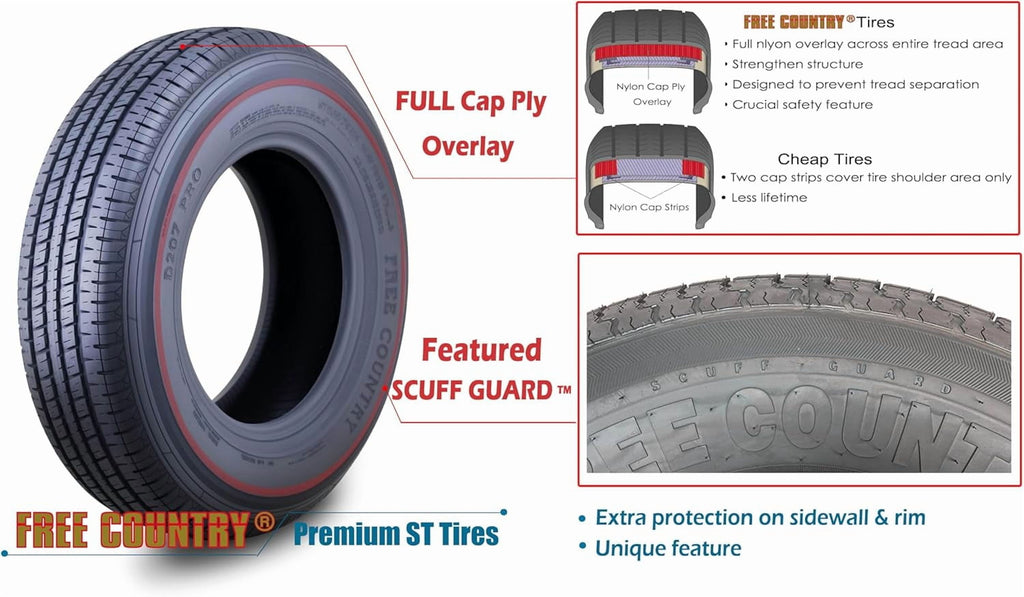 FREE COUNTRY New Premium Trailer Tires ST 205/75R14 / 8PR Load Range D Steel Belted w/Scuff Guard, Set 5