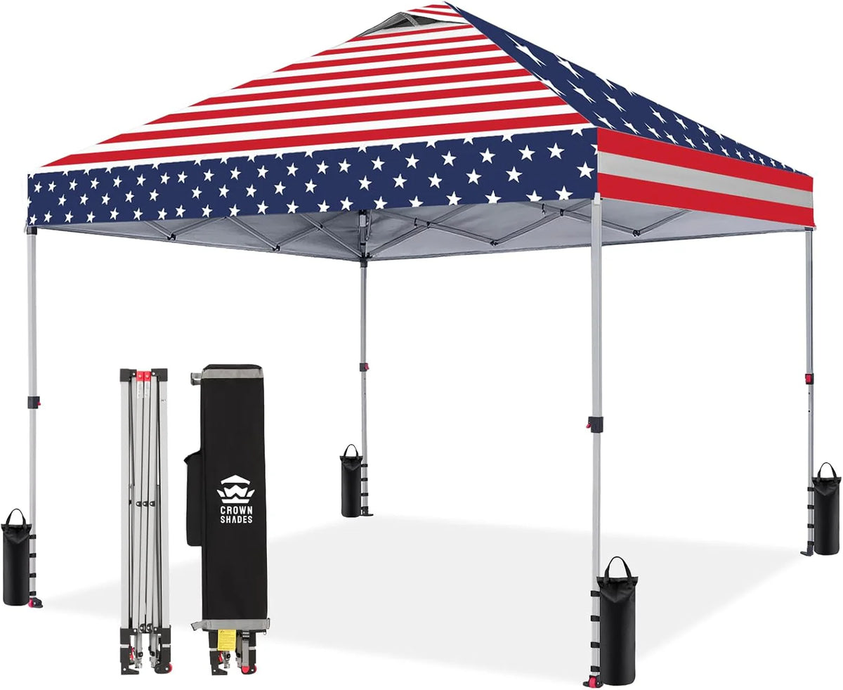 Crown Shades 10x10 Pop Up Canopy - Beach Tent with One Push Setup - Outdoor Sun Shade for Events, Parties, Camping - Gazebo with STO-N-Go Cover Bag, Silver Coated Top, 3 Height& 4 Sand Bags, Yellow
