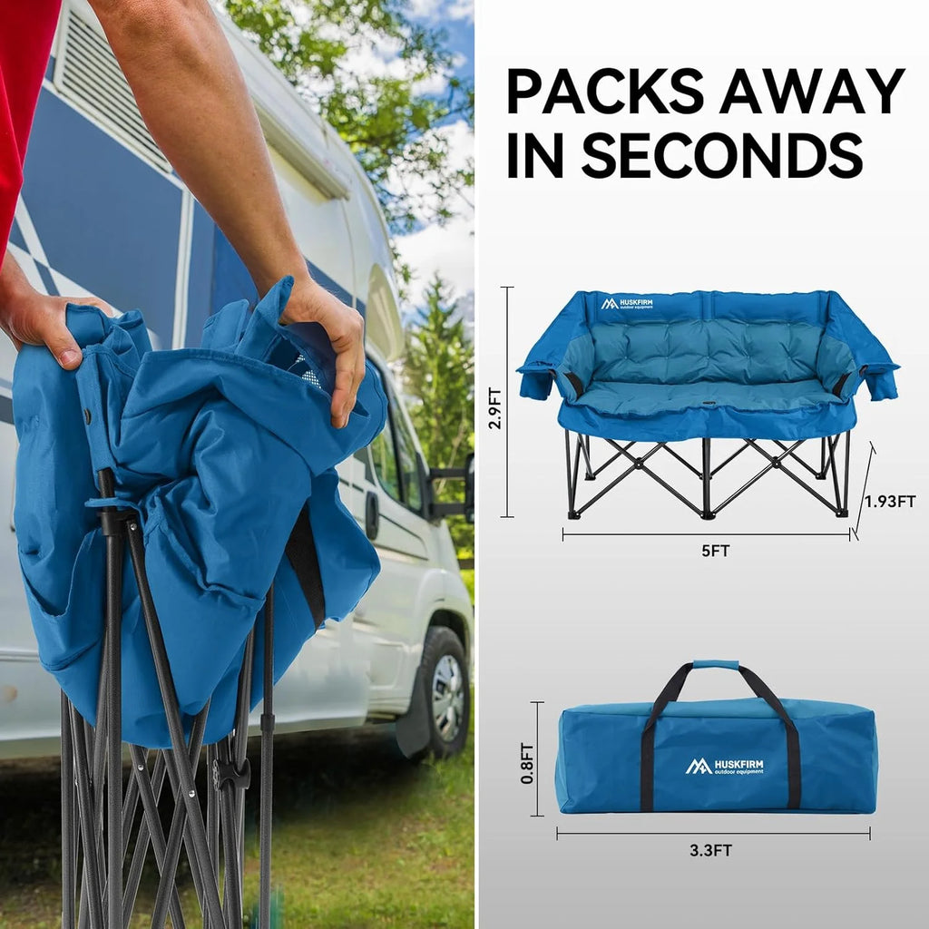 Double Camping Chairs Padded Loveseat Chair for 2 Person - Heavy Duty Oversized Camping Couch for Adults Outdoor Lawn Beach - Portable Folding Sofa with Cup Holders and Carry Bag, Grey