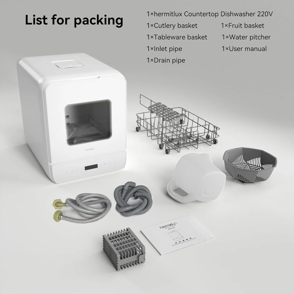 Hermitlux Countertop Dishwasher, 7 Washing Programs Portable Mini Dishwasher with 5-Liter Built-in Water Tank for Apartments & RVs, LED Light, Glass Door, No Hookup Needed
