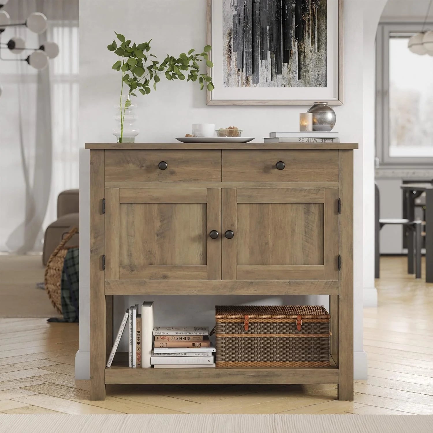 Farmhouse style console table coffee bar, entry table with storage rack, sofa table buffet sideboard