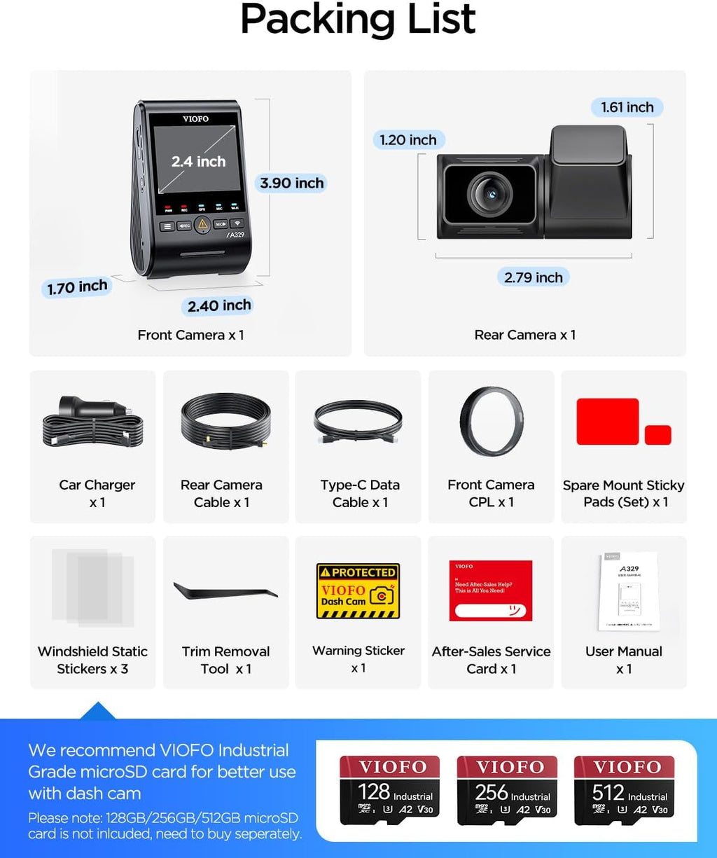 VIOFO Dash Cam A329S Front and Rear 2-Channel 4K 60FPS Dual STARVIS 2 Sensors