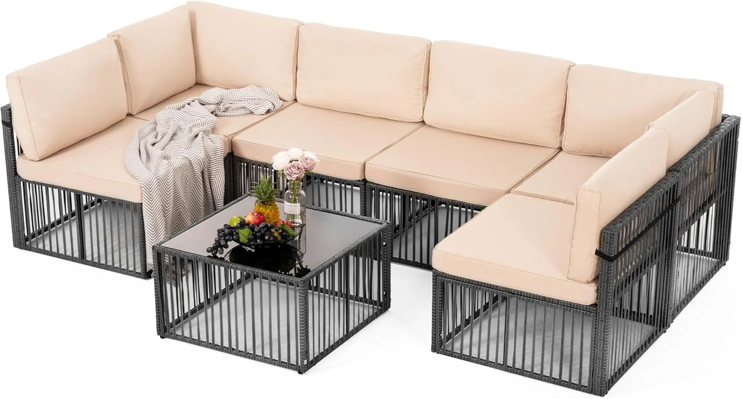 Pamapic 7-Piece Outdoor Sectional Furniture Set, All-Weather Wicker Patio Sofa with Washable Cushions, Gray Waterproof Rattan Conversation Set for Backyard, Poolside, Garden (Gray Cushions)