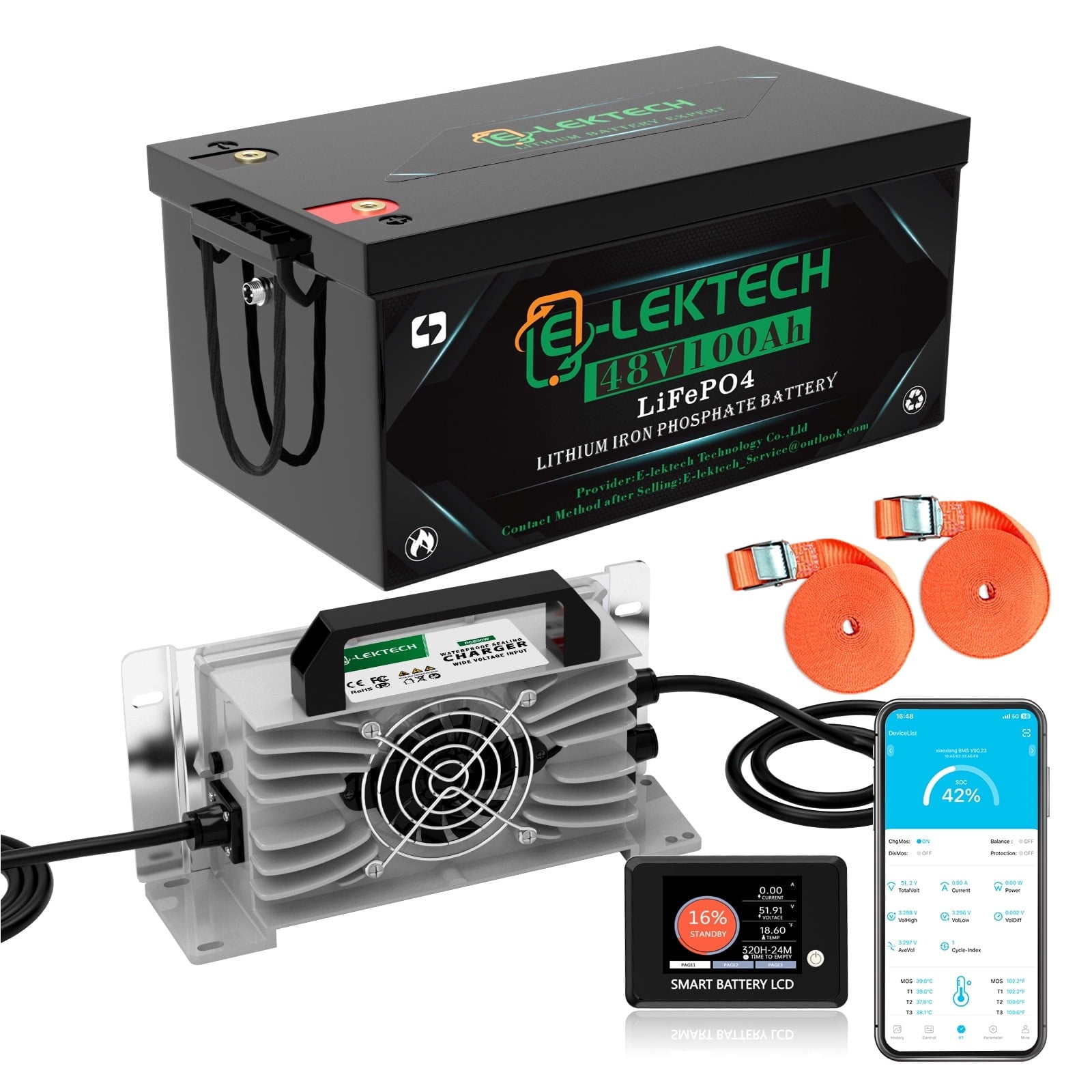 48V 100Ah Lithium Golf Cart Battery with Charger, Touch Monitor & Mobile APP, Built-in 200A BMS, Perfect for Golf Cart, RV, Solar