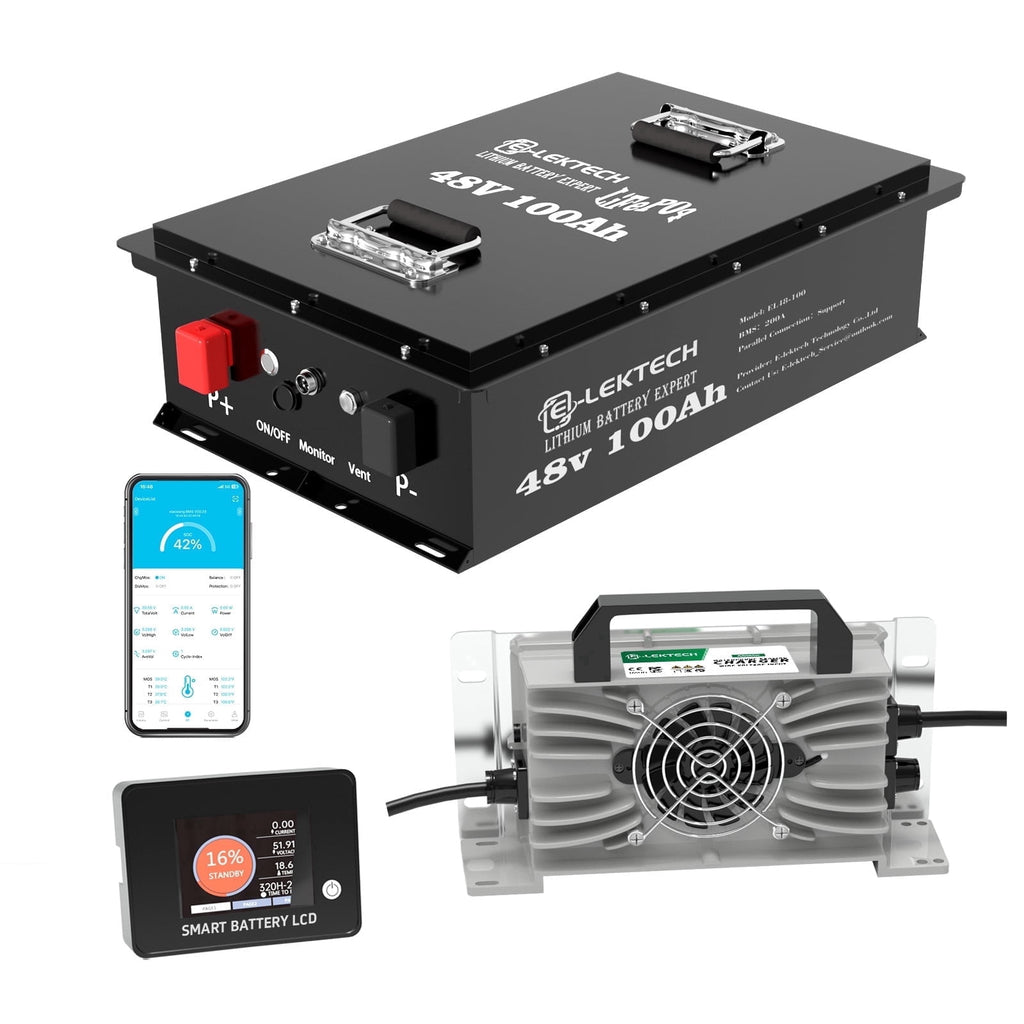 48V 100Ah Lithium Golf Cart Battery with Charger, Touch Monitor & Mobile APP, Built-in 200A BMS, Perfect for Golf Cart, RV, Solar