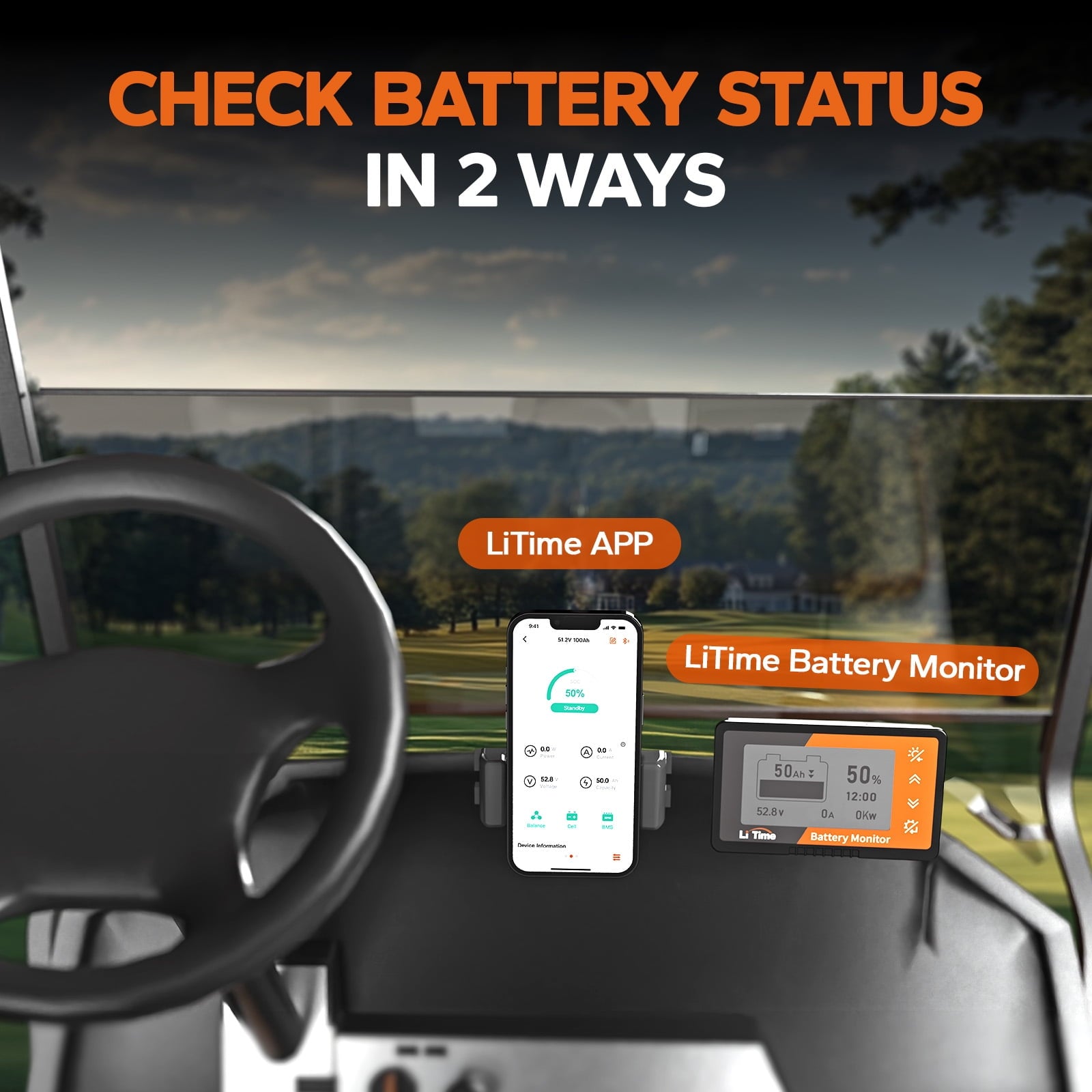 Litime 48V(51.2V) 100Ah Golf Cart Lithium Battery, up to 5kW Motor, Perfect for Golf Carts, Instead of AGM, SLA Batteries, Bluetooth & Low-Temp Protection-Includes Charger, Monitor (Without Bracket)
