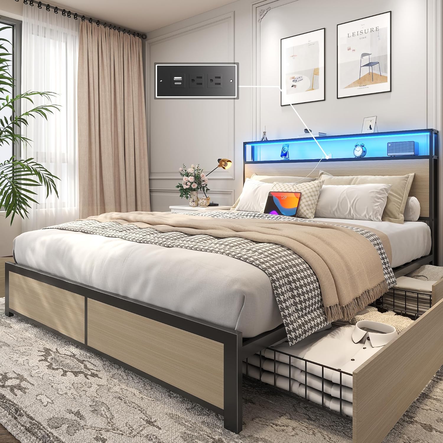 Lifezone Queen Bed Frame 2-Tier Storage Headboard Metal Platform Bed Frame 4 Storage Drawers