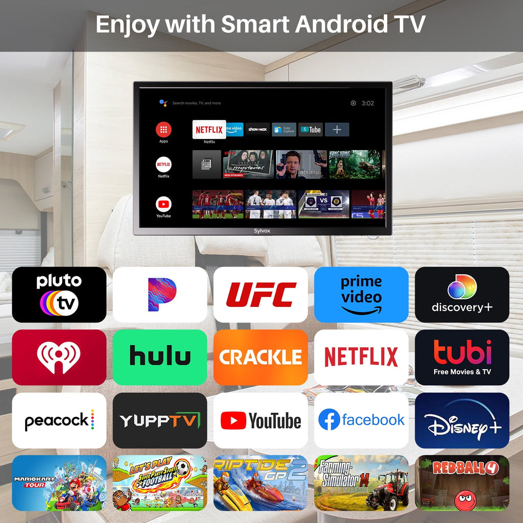 SYLVOX 27 Smart RV TV with Wall Mount, 12 Volt TV with Built-in DVD Player, 1080P Google OS ATSC NTSC WiFi Bluetooth HDMI USB, AC/DC Powered, for RV Camper Van (Trailer Series)