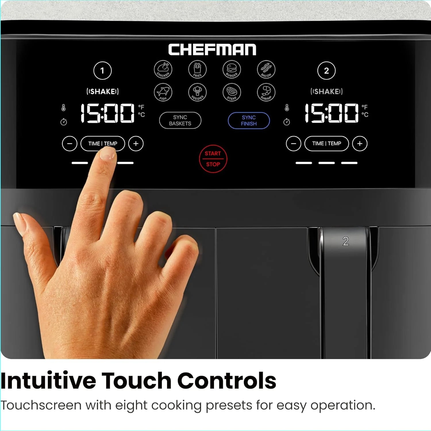 Chefman 6 Quart Dual Basket Air Fryer - Digital Touchscreen, Smart Sync Finish, Hi-Fry, Auto Shutoff, 2 Independent 3QT Nonstick Dishwasher-Safe Frying Baskets - Digital Double Air Fryer - Black