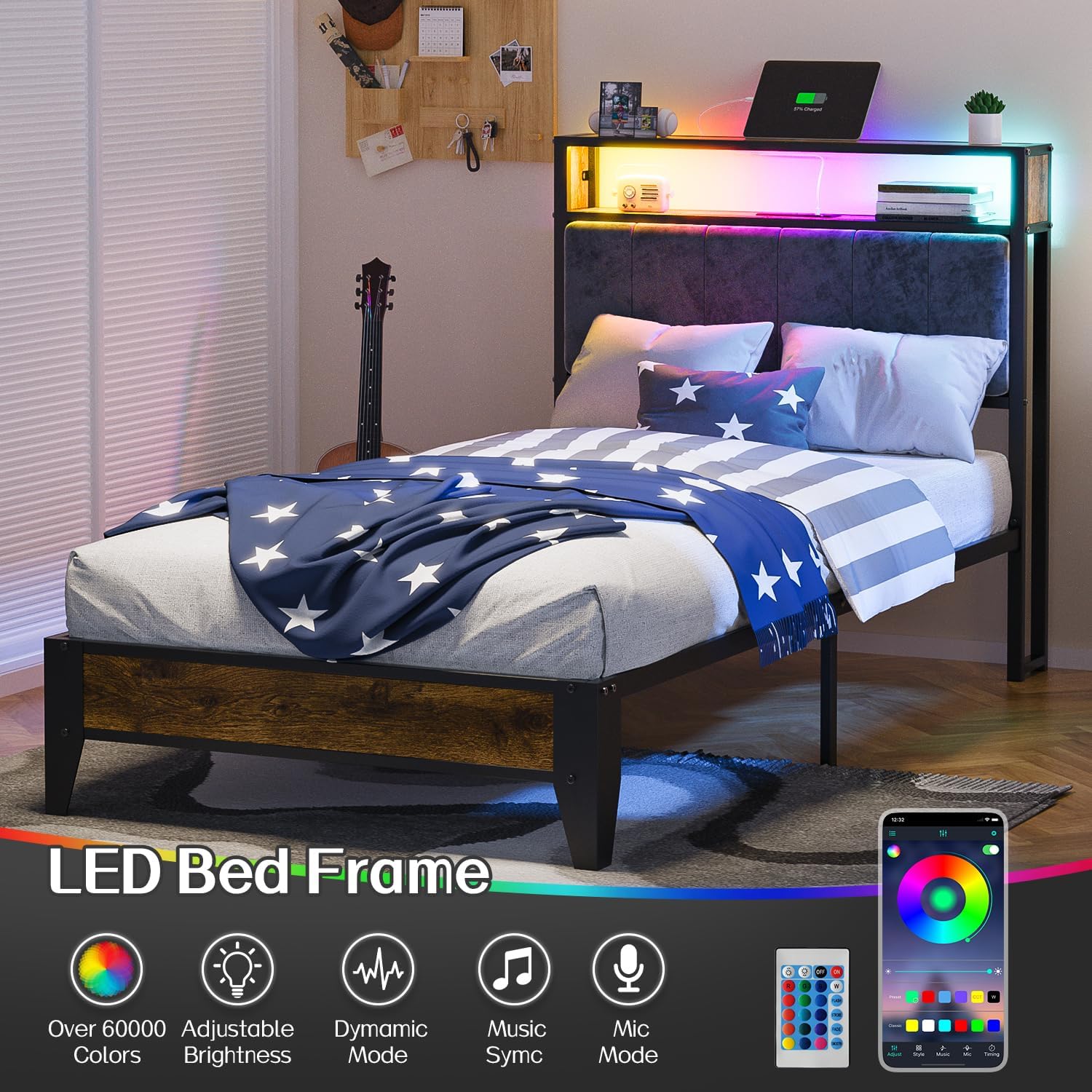 OLEVS Single Bed Frame LED Light Storage Headboard Charging Station Metal Platform Bed