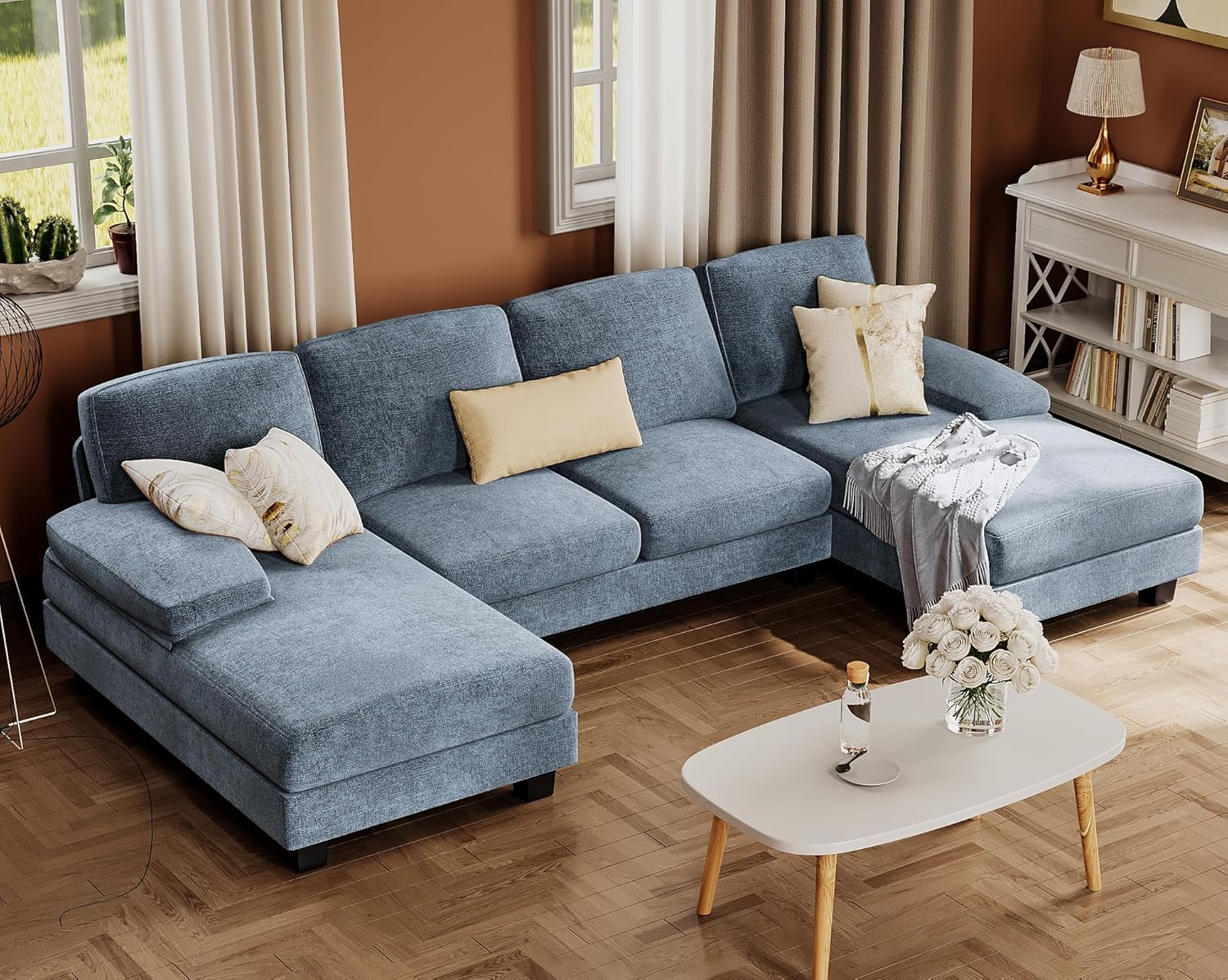 Furmax Sectional Couches for Living Room U-Shaped Sofa Couch Linen Fabric 4 Seat Sofa Set