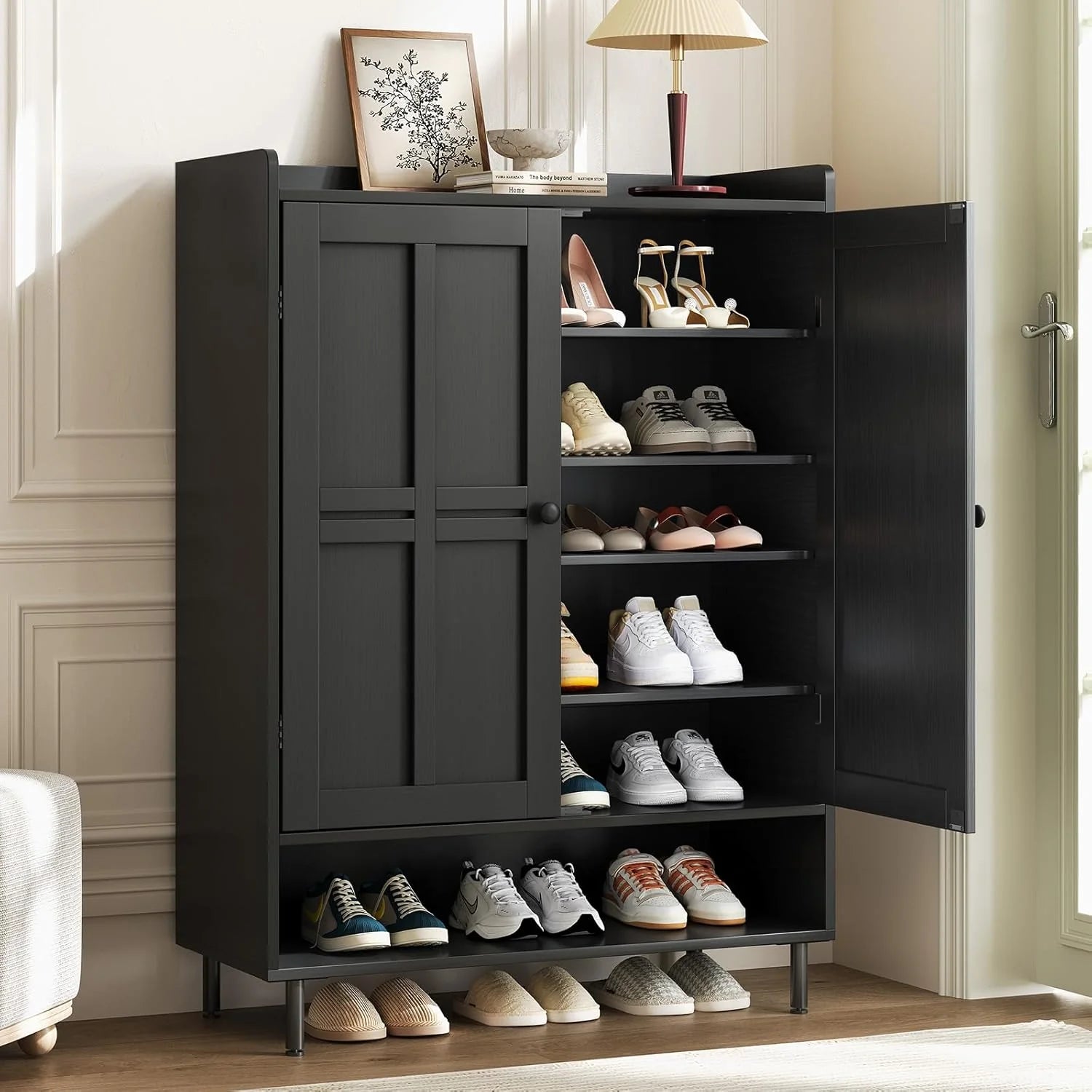 Black 7+1 Tier Farmhouse Shoe Storage Cabinet - 45 Tall Entryway Organizer