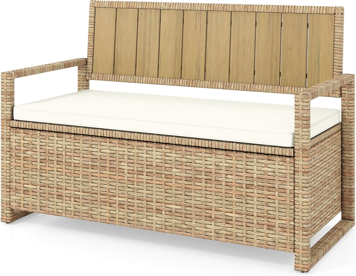DWVO 70Gal Outdoor Storage Bench with Cushion & Composite Wood Backrest, All-Weather Wicker Deck Bench with Rustproof Bag, Poolside, Patio, Garden (Sand Beige)