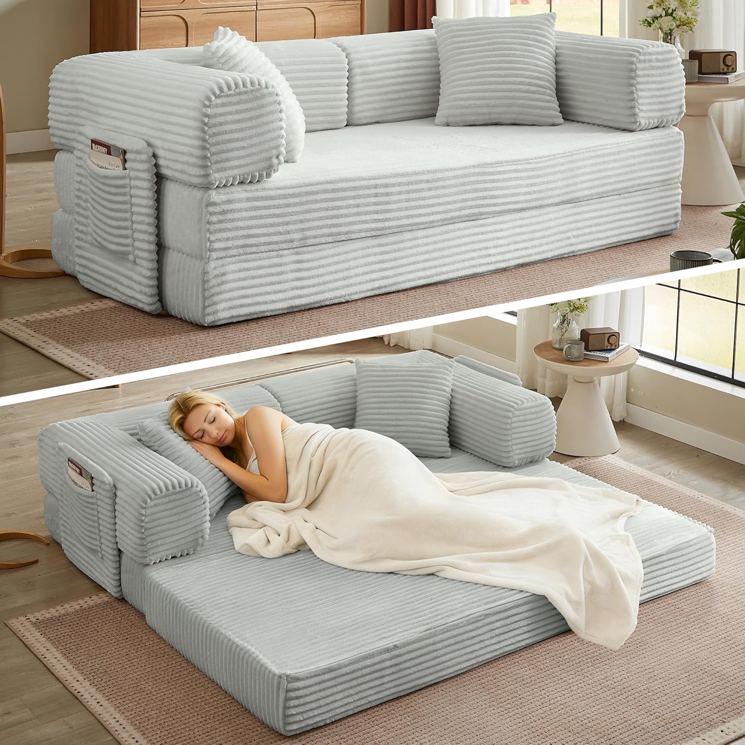 Boneless Couch Folding Couches for Living Room Sofa, Futon Sofa Bed with Sleeper Sofa, Futon Couch with Fixed-Shape Oversized Corduroy Upholstered (White, 81 Inches)