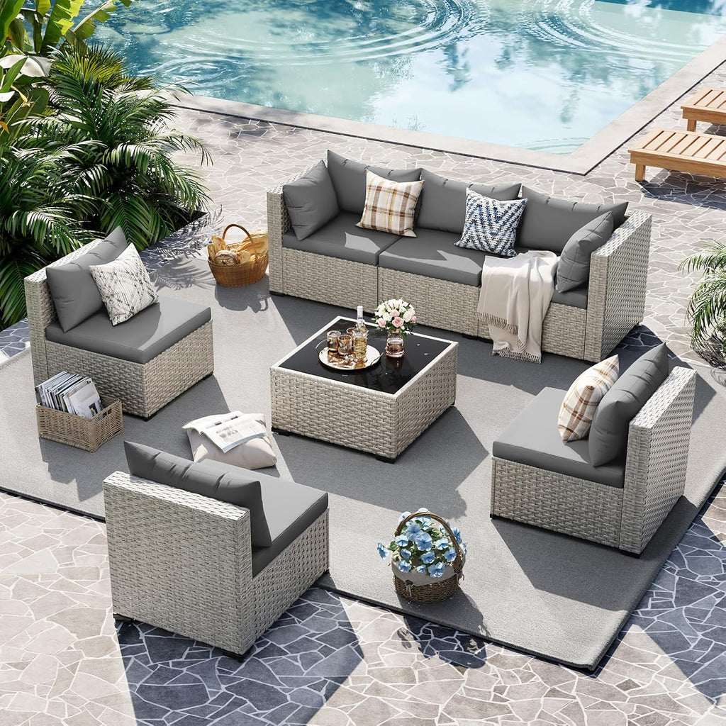 UDPATIO Outdoor Patio Furniture Set, 7-Piece PE Wicker Sectional Sofa with Tea Table, Outdoor Conversation Set for Patio, Garden, Backyard Green