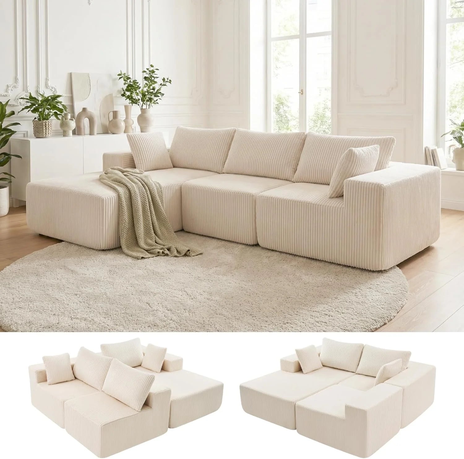 DUMOS 108 Boneless Couch, Cloud Sectional Couch with L-Shape Chaise, Modular Sectional Sofa with Deep Seat, Upholstered Couch for Living Room Bedroom, No Assembly Required (Grey, Left Facing Chaise)