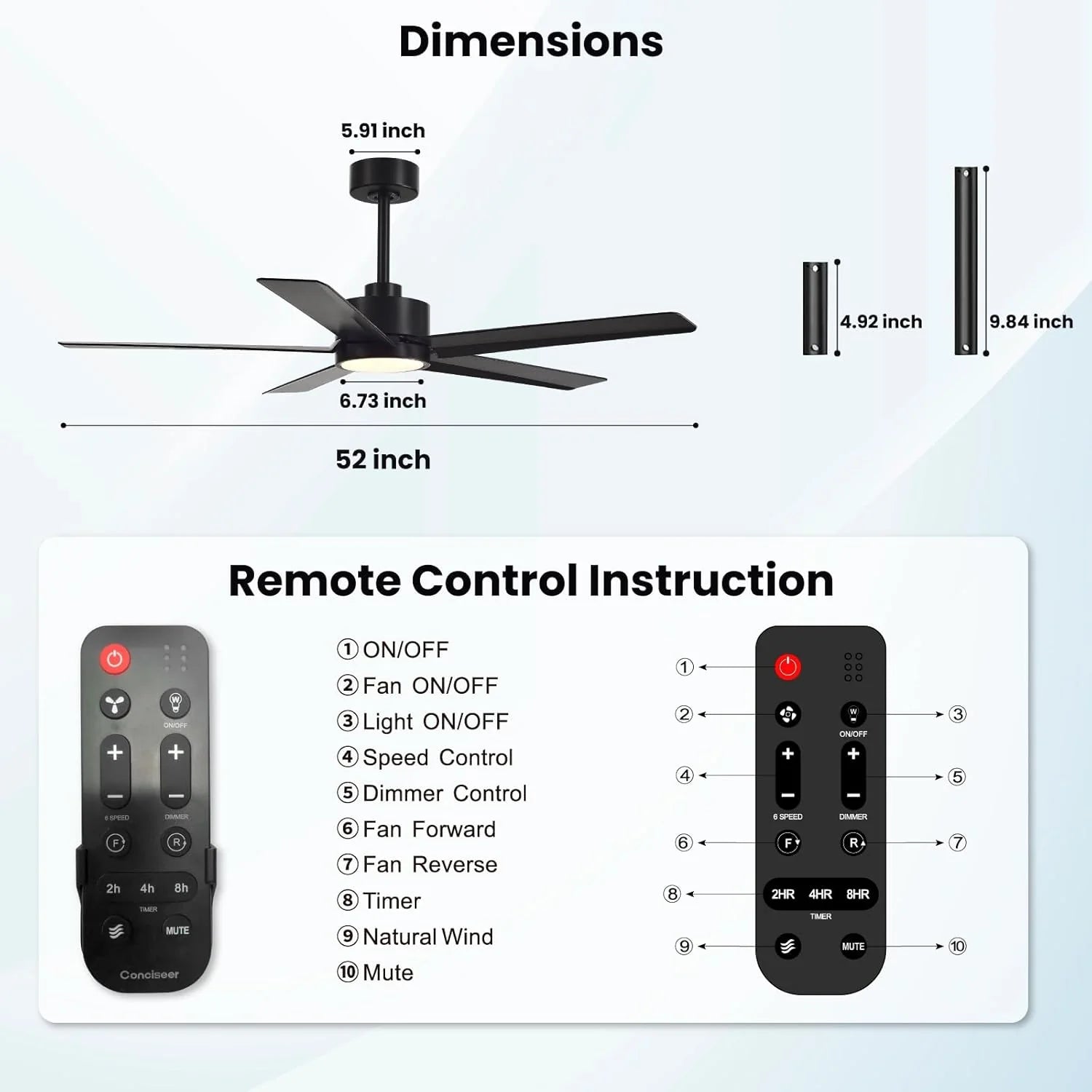 Modern Ceiling Fans with Lights, 72 Inch Ceiling Fan with Light and Remote, Bedroom Living Room Library Cafe Outdoor/Industrial,24W 3CCT Dimmable, 8 Blades 6 Speed Reversible Quiet DC Motor, Black