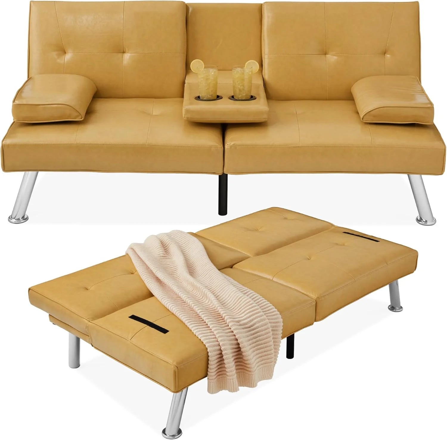Best Choice Products Faux Leather Upholstered Modern Convertible Futon, Adjustable Folding Sofa Bed