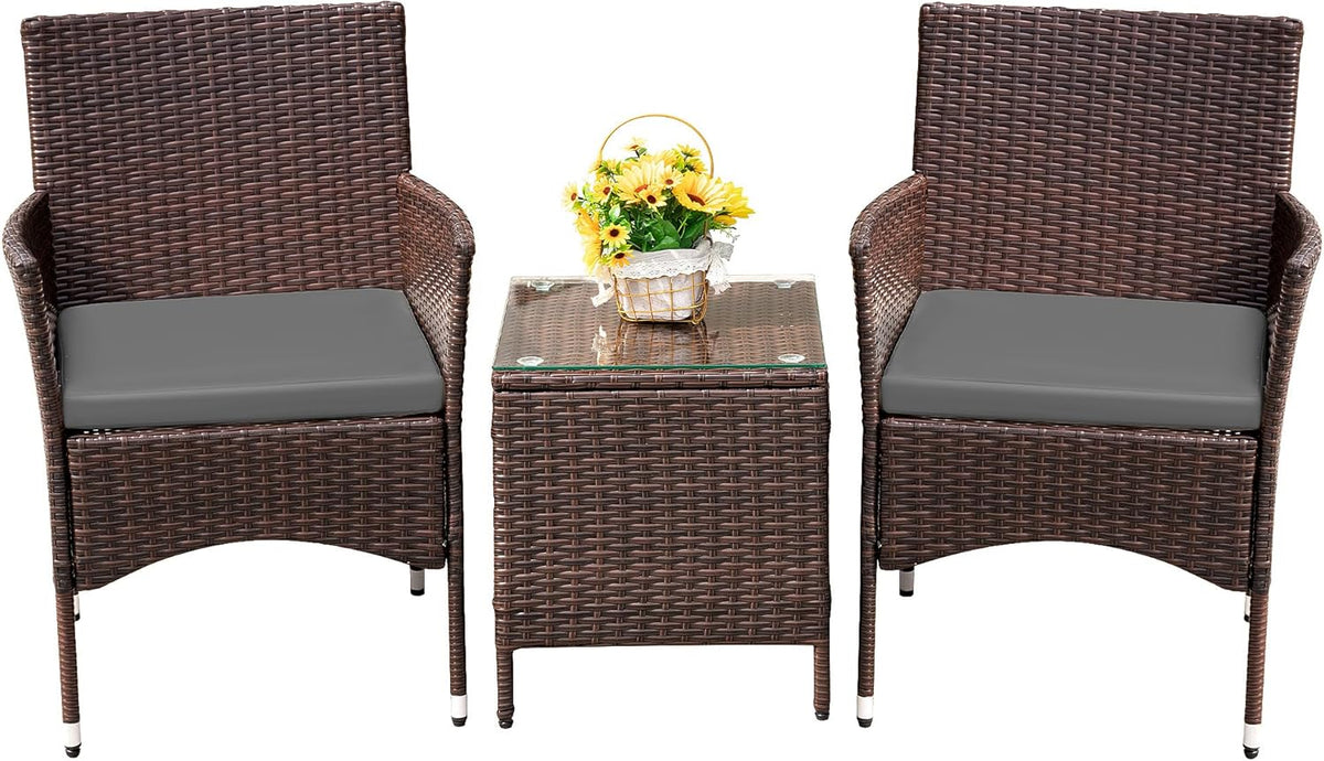 Devoko Patio Porch Furniture Sets 3 Pieces PE Rattan Wicker Chairs with Table Outdoor Garden Furniture Sets (Brown/Beige)