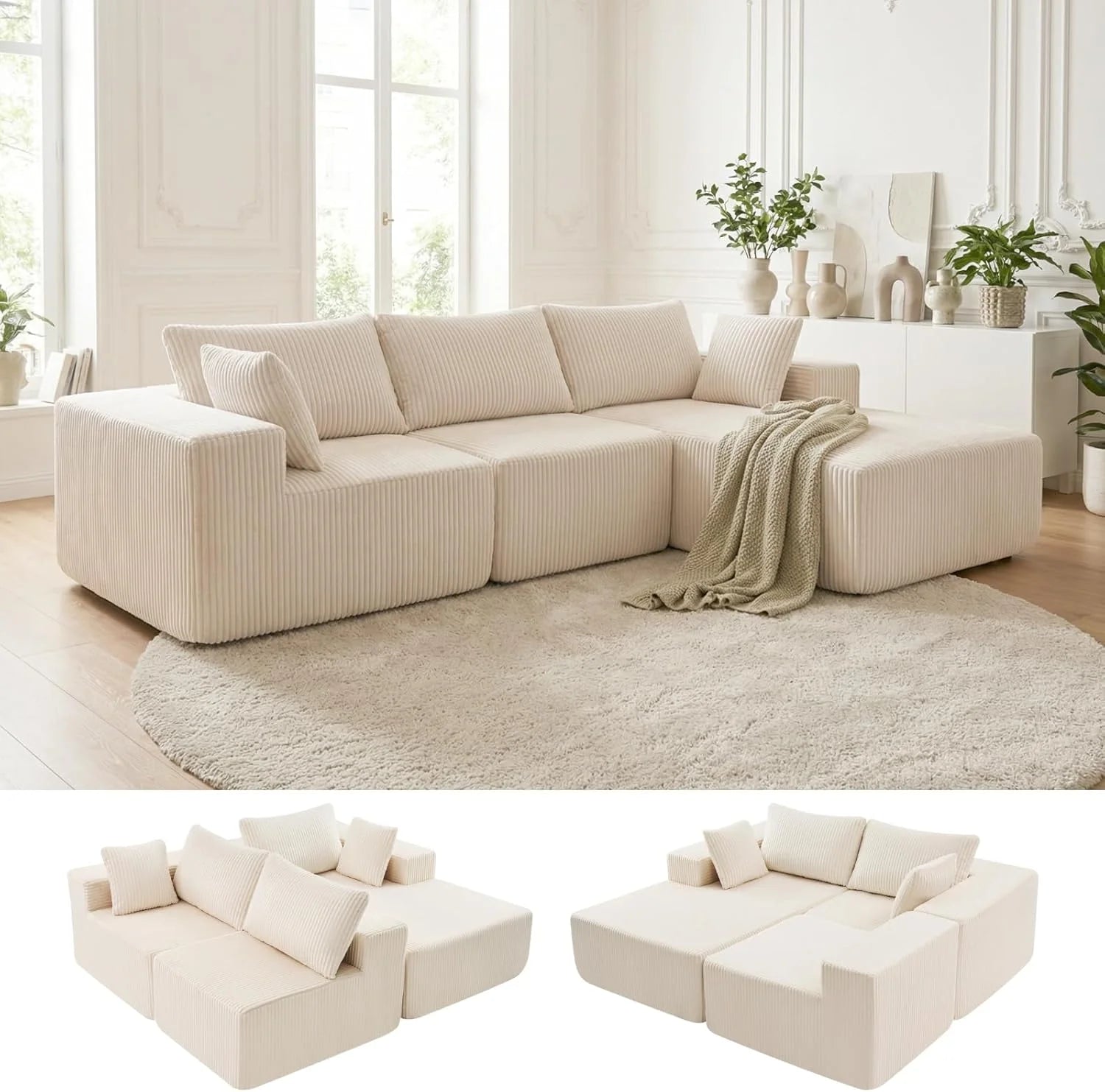 DUMOS 108 Boneless Couch, Cloud Sectional Couch with L-Shape Chaise, Modular Sectional Sofa with Deep Seat, Upholstered Couch for Living Room Bedroom, No Assembly Required (Grey, Left Facing Chaise)