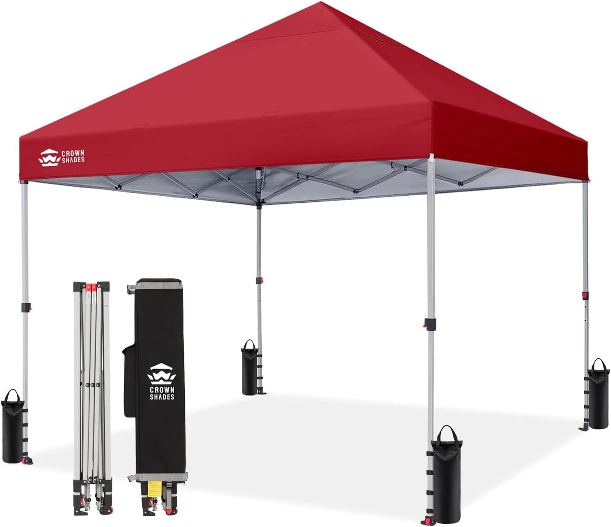 Crown Shades 10x10 Pop Up Canopy - Beach Tent with One Push Setup - Outdoor Sun Shade for Events, Parties, Camping - Gazebo with STO-N-Go Cover Bag, Silver Coated Top, 3 Height& 4 Sand Bags, Yellow