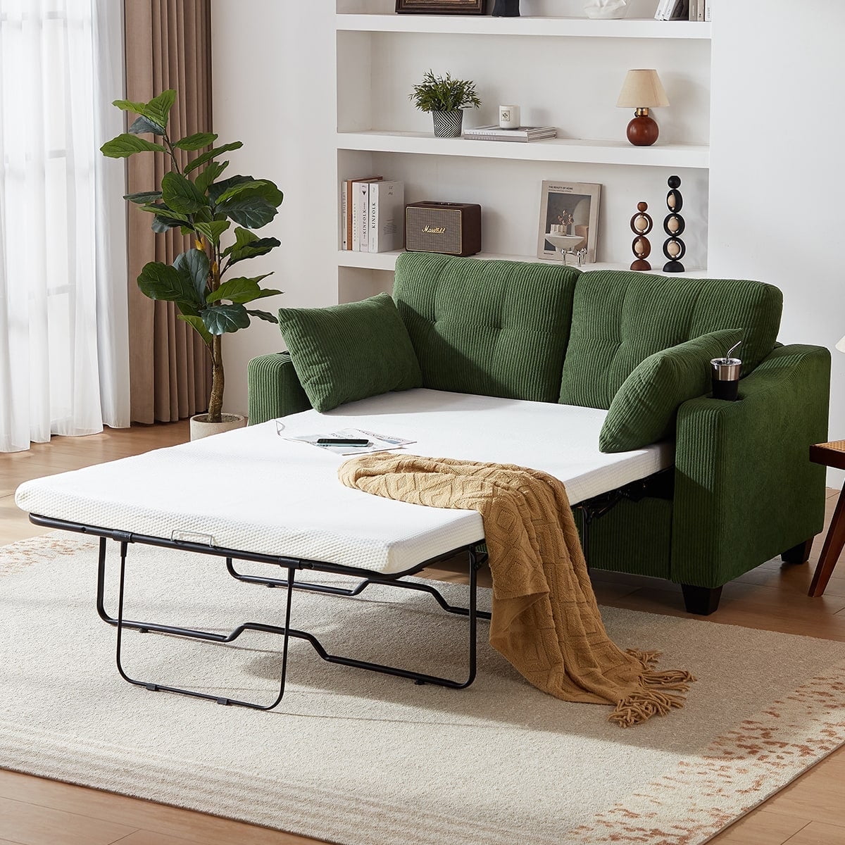 CHIC HOUSE Pull Out Sofa Bed Couch Queen Size with Mattress USB, Convertible Sleeper Sofa Loveseat for Small Spaces RV, Corduroy Pull Out Couch Bed for Living Room with Cup Holders LED Lights, Beige