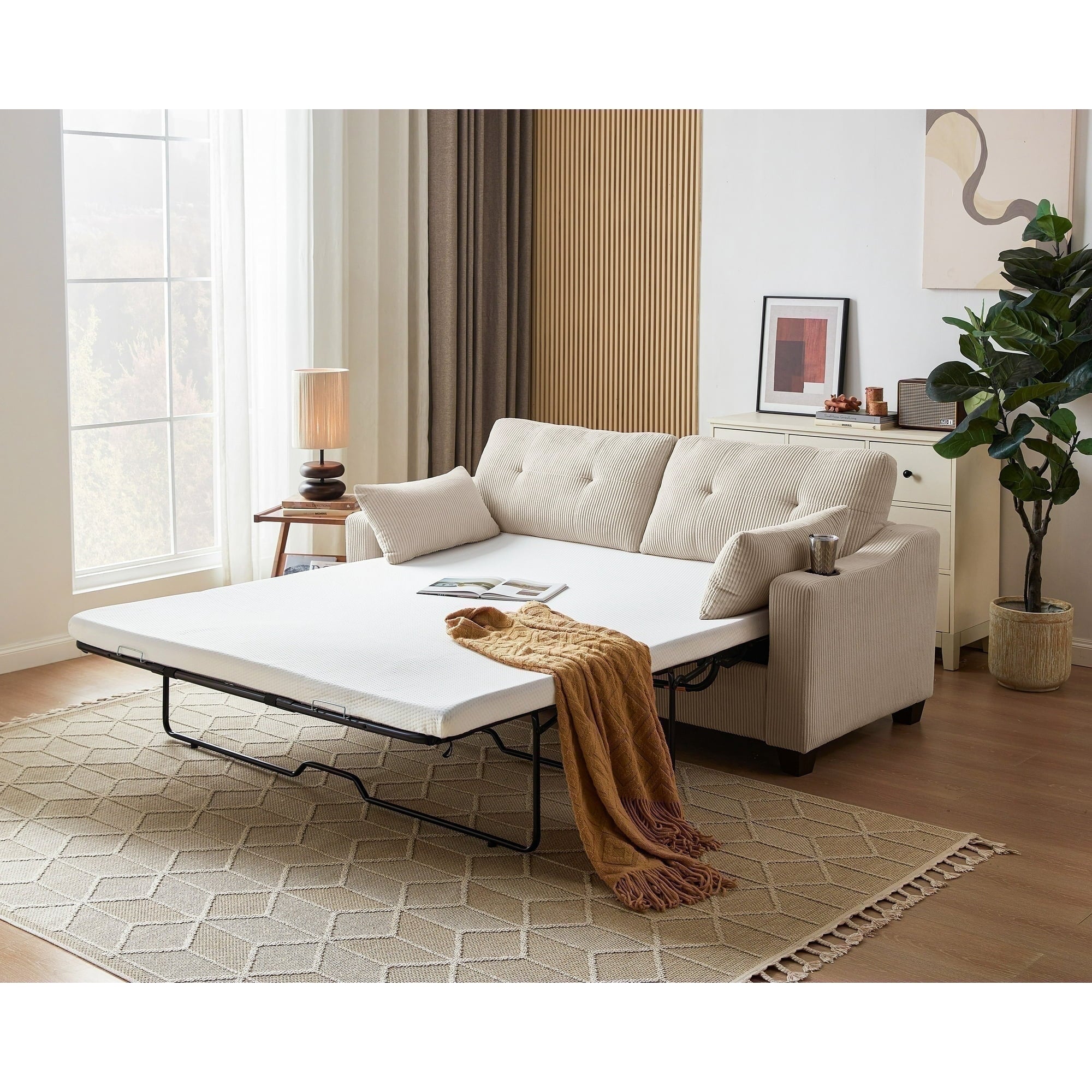 CHIC HOUSE Pull Out Sofa Bed Couch Queen Size with Mattress USB, Convertible Sleeper Sofa Loveseat for Small Spaces RV, Corduroy Pull Out Couch Bed for Living Room with Cup Holders LED Lights, Beige