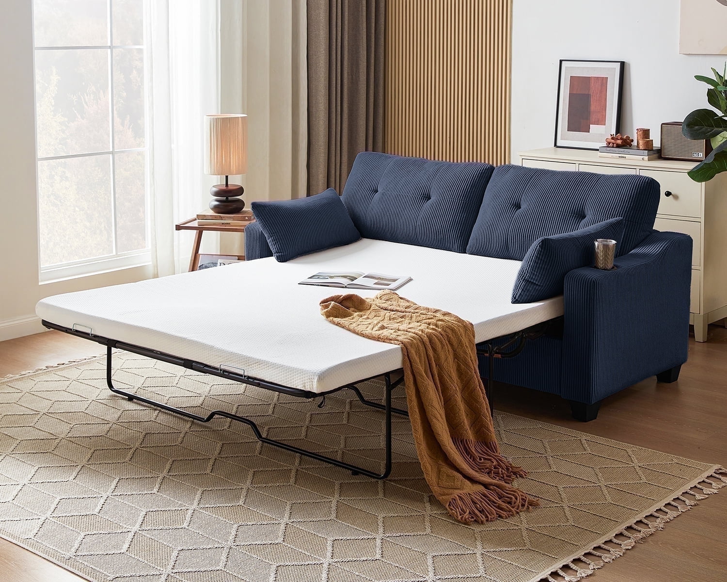 CHIC HOUSE Pull Out Sofa Bed Couch Queen Size with Mattress USB, Convertible Sleeper Sofa Loveseat for Small Spaces RV, Corduroy Pull Out Couch Bed for Living Room with Cup Holders LED Lights, Beige