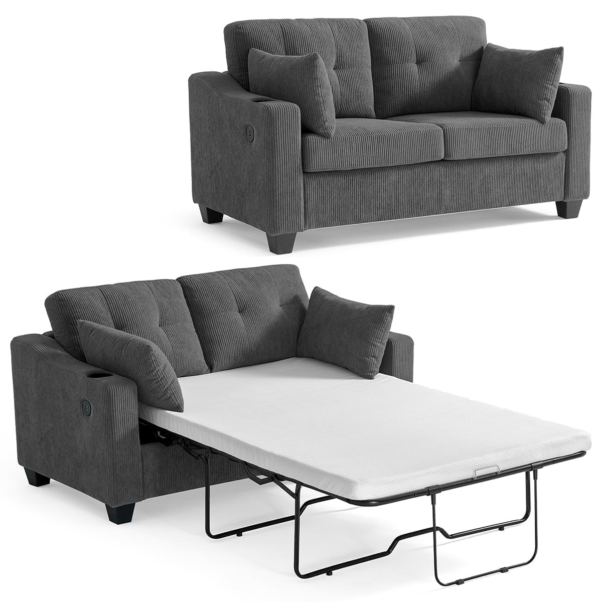 CHIC HOUSE Pull Out Sofa Bed Couch Queen Size with Mattress USB, Convertible Sleeper Sofa Loveseat for Small Spaces RV, Corduroy Pull Out Couch Bed for Living Room with Cup Holders LED Lights, Beige