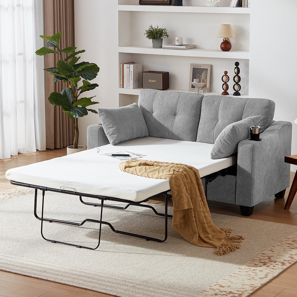 CHIC HOUSE Pull Out Sofa Bed Couch Queen Size with Mattress USB, Convertible Sleeper Sofa Loveseat for Small Spaces RV, Corduroy Pull Out Couch Bed for Living Room with Cup Holders LED Lights, Beige