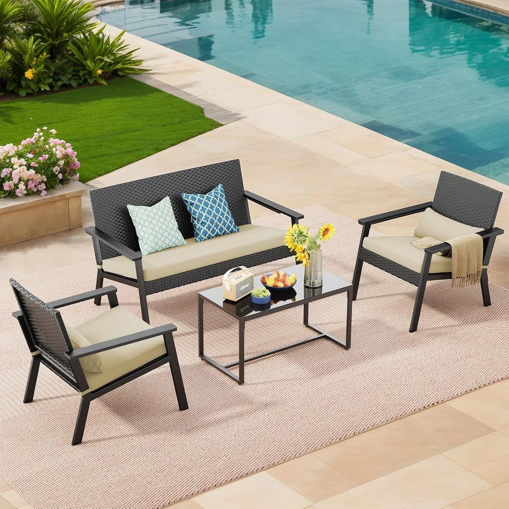 Ahomly 4-Piece Outdoor Wicker Patio Furniture Set with Deep Seating Cushions and Table for Balcony, Backyard, and Porch (Gray)