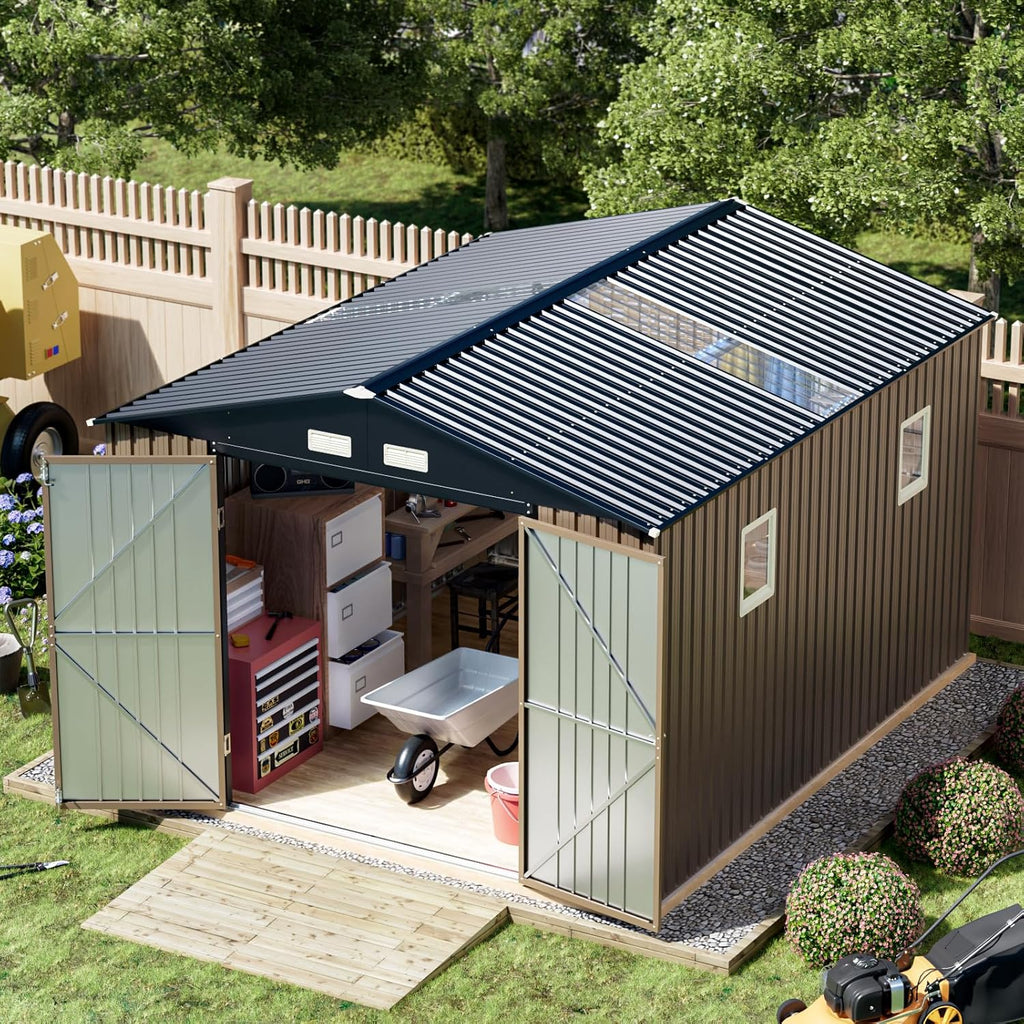 Breezz 8X10FT Outdoor Steel Storage Shed Lockable Doors Weather-Resistant Metal Tool Shed