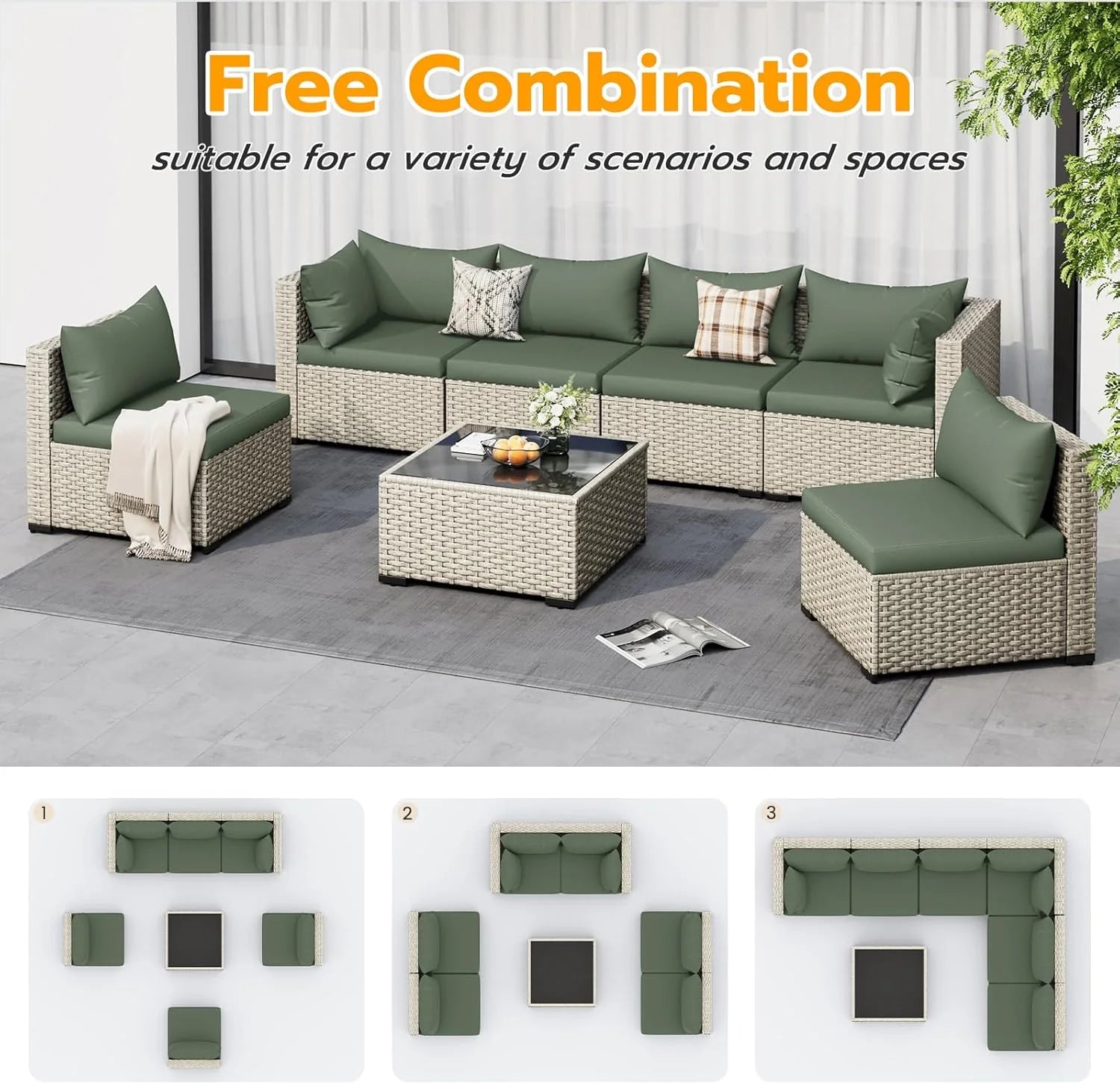 UDPATIO Outdoor Patio Furniture Set, 7-Piece PE Wicker Sectional Sofa with Tea Table, Outdoor Conversation Set for Patio, Garden, Backyard Green