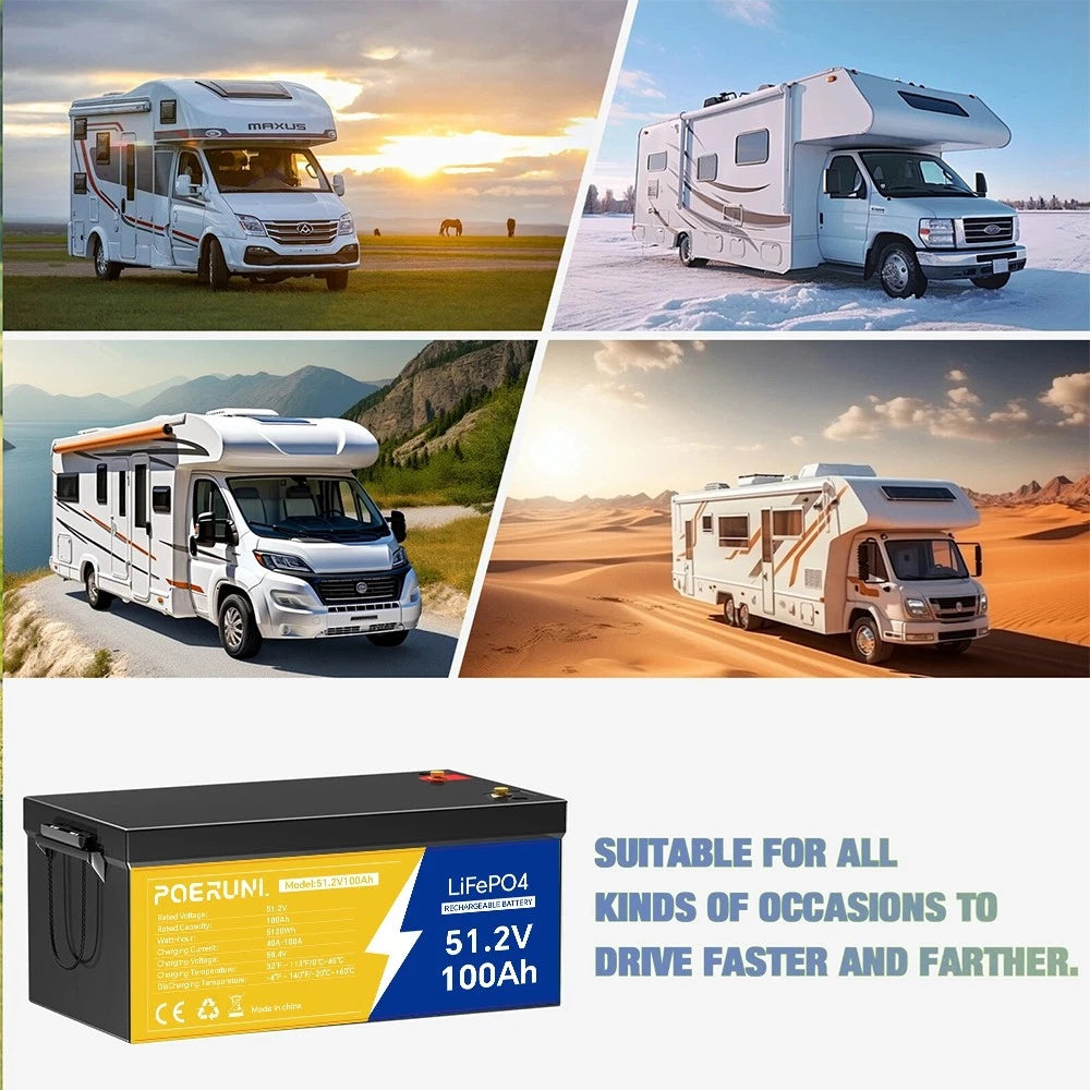 POERUNI 48V 100Ah LiFePO4 Lithium Battery BMS Deep Cycles for RV Solar Boat Golf Cart