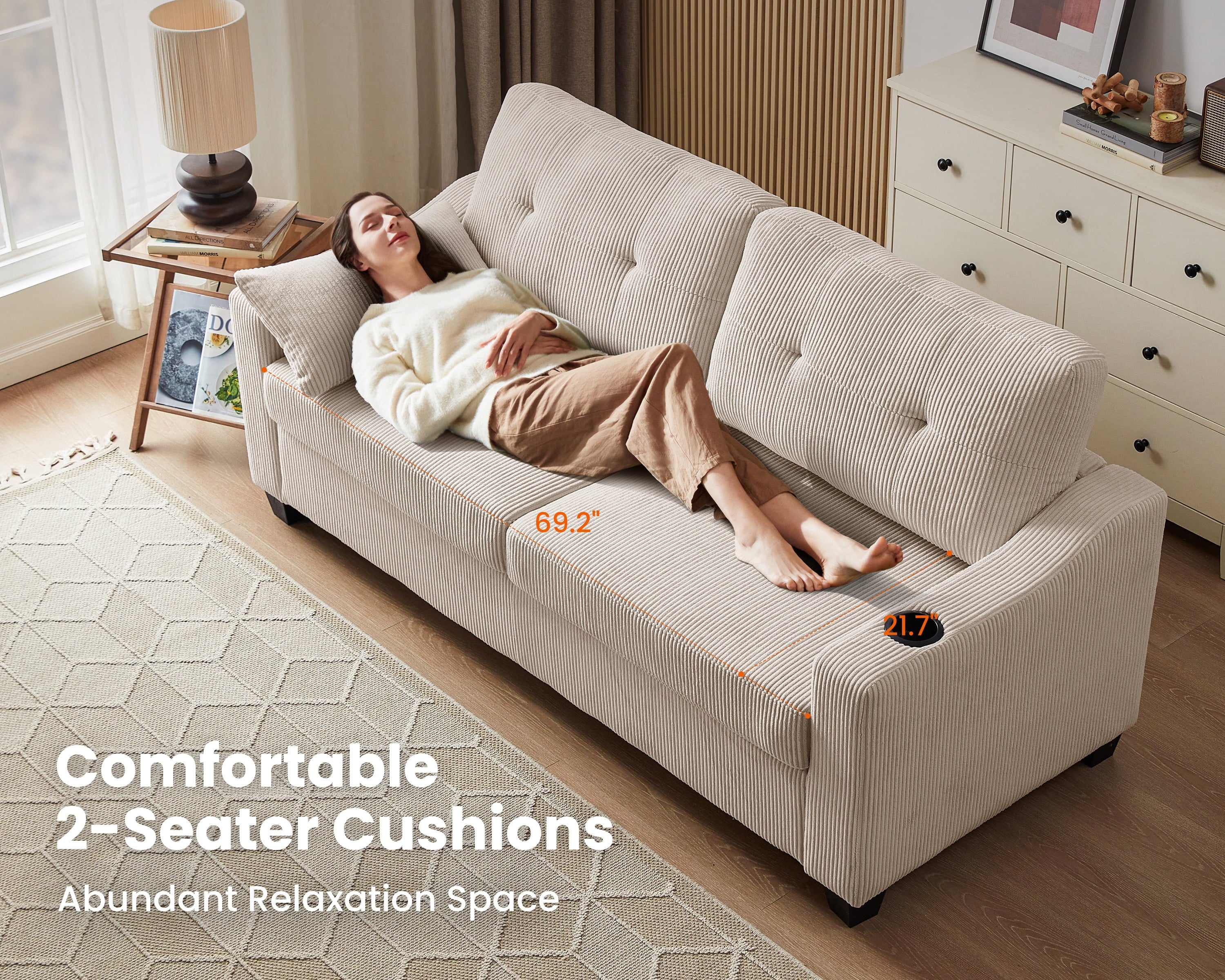 CHIC HOUSE Pull Out Sofa Bed Couch Queen Size with Mattress USB, Convertible Sleeper Sofa Loveseat for Small Spaces RV, Corduroy Pull Out Couch Bed for Living Room with Cup Holders LED Lights, Beige