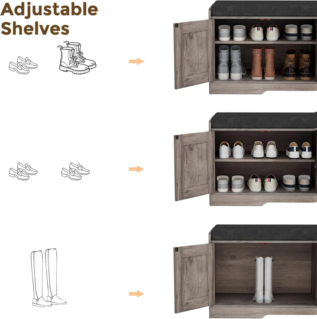 2-Tier Storage Bench, Shoe Bench with Thickened Padded Seat Cushion, Entryway Bench with 4 Doors, Adjustable Shelf, 13.8 D x 45.3 W x 18.5 H, for Entryway, Living Room, Bedroom, White