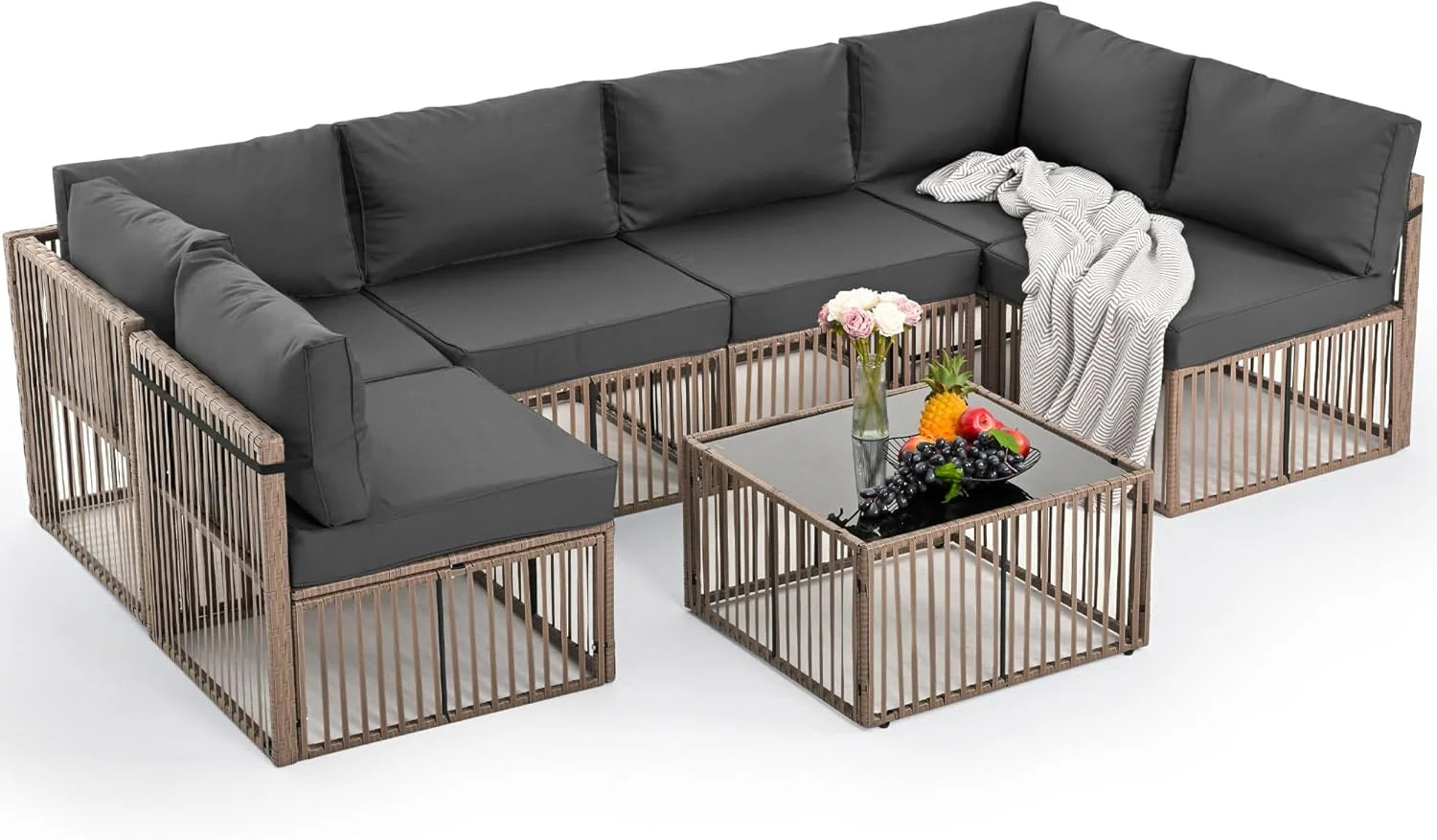 Pamapic 7-Piece Outdoor Sectional Furniture Set, All-Weather Wicker Patio Sofa with Washable Cushions, Gray Waterproof Rattan Conversation Set for Backyard, Poolside, Garden (Gray Cushions)