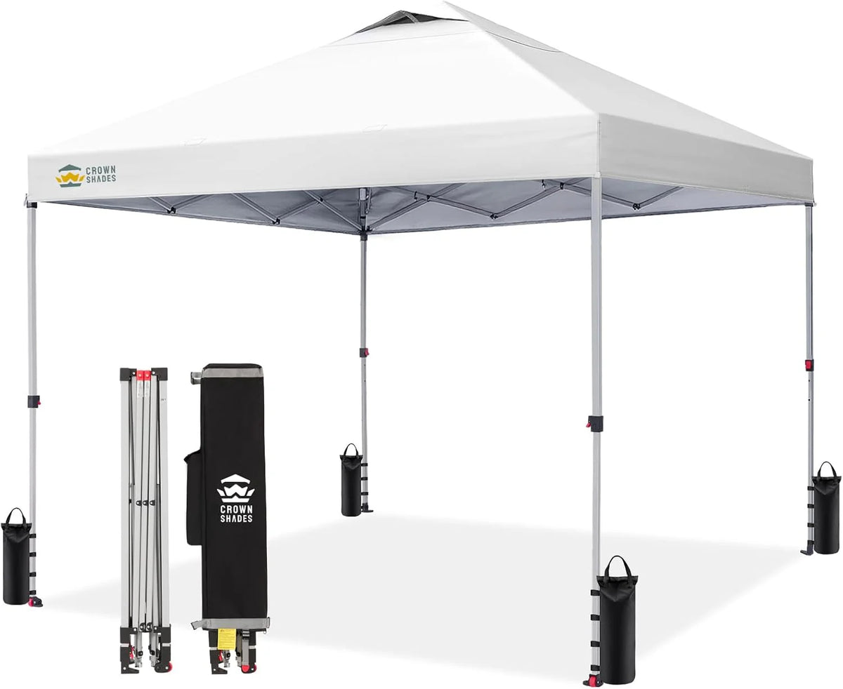 Crown Shades 10x10 Pop Up Canopy - Beach Tent with One Push Setup - Outdoor Sun Shade for Events, Parties, Camping - Gazebo with STO-N-Go Cover Bag, Silver Coated Top, 3 Height& 4 Sand Bags, Yellow
