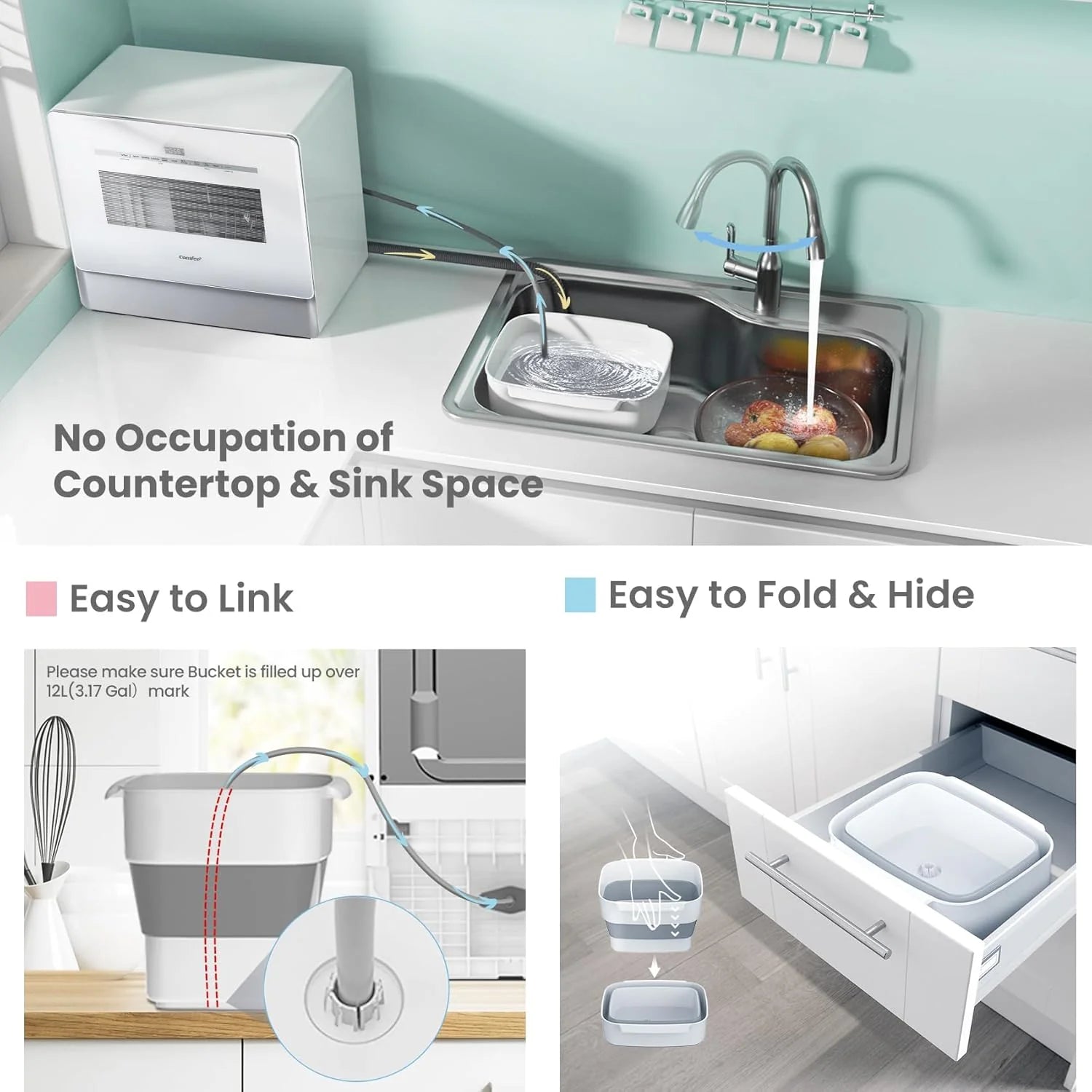 COMFEE' Portable Mini Dishwasher Countertop with 5L Built-in Water Tank for Apartments& RVs