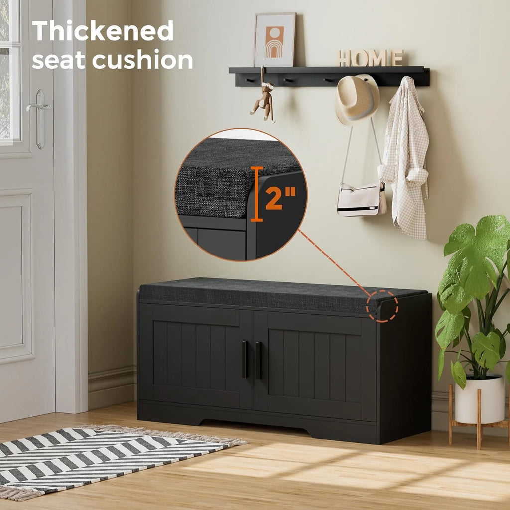 2-Tier Storage Bench, Shoe Bench with Thickened Padded Seat Cushion, Entryway Bench with 4 Doors, Adjustable Shelf, 13.8 D x 45.3 W x 18.5 H, for Entryway, Living Room, Bedroom, White