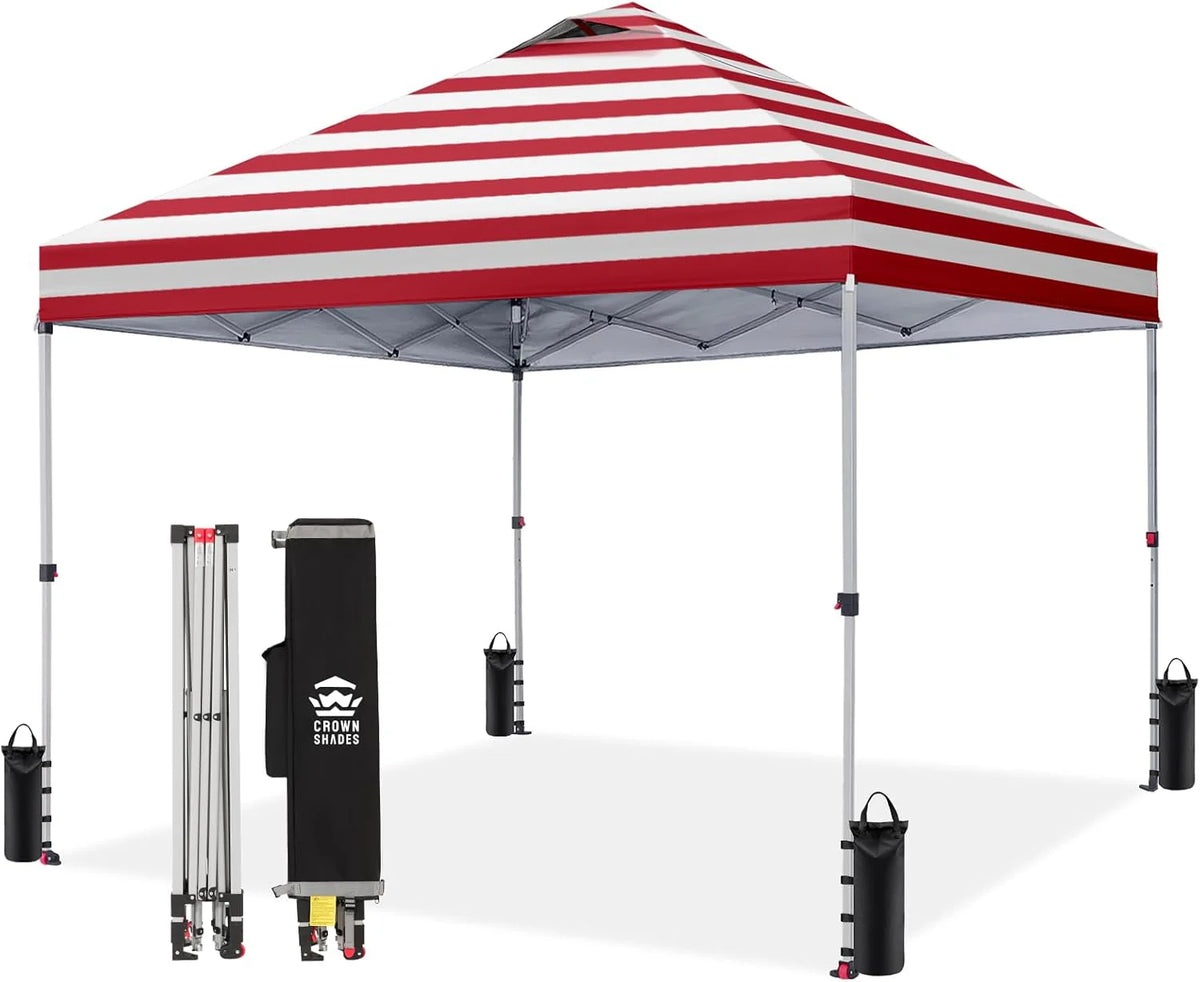 Crown Shades 10x10 Pop Up Canopy - Beach Tent with One Push Setup - Outdoor Sun Shade for Events, Parties, Camping - Gazebo with STO-N-Go Cover Bag, Silver Coated Top, 3 Height& 4 Sand Bags, Yellow